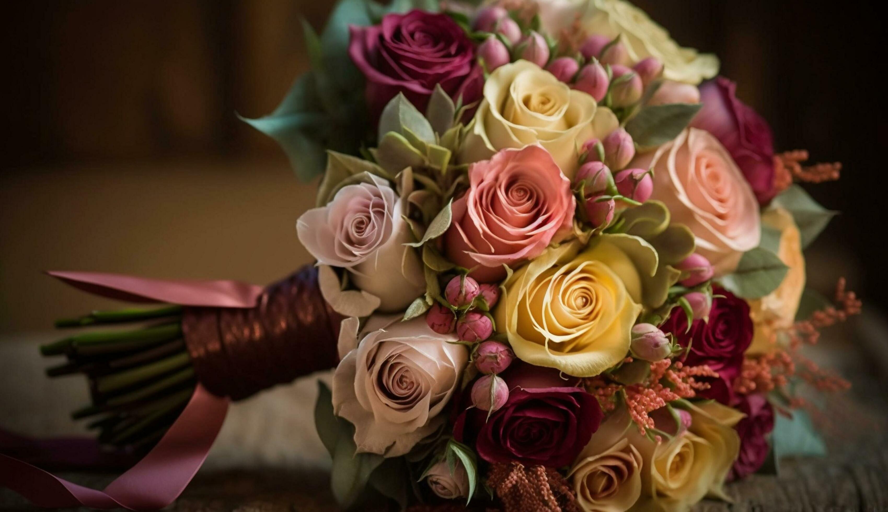 Fresh flower bouquet on wood table decoration ,generative AI Stock Free