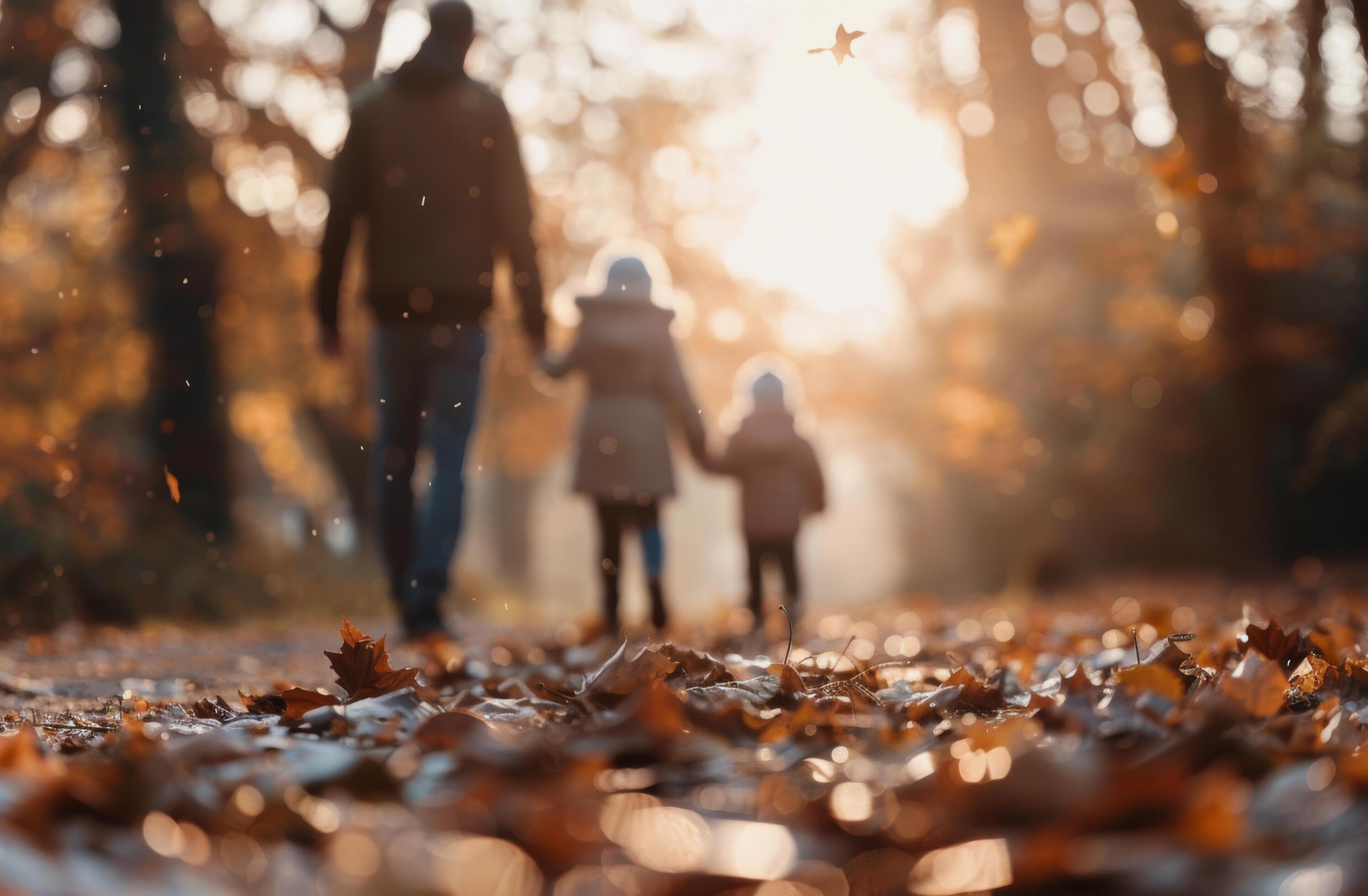 Family Walk During Autumn Sunset in a Leaf-Covered Trail Stock Free