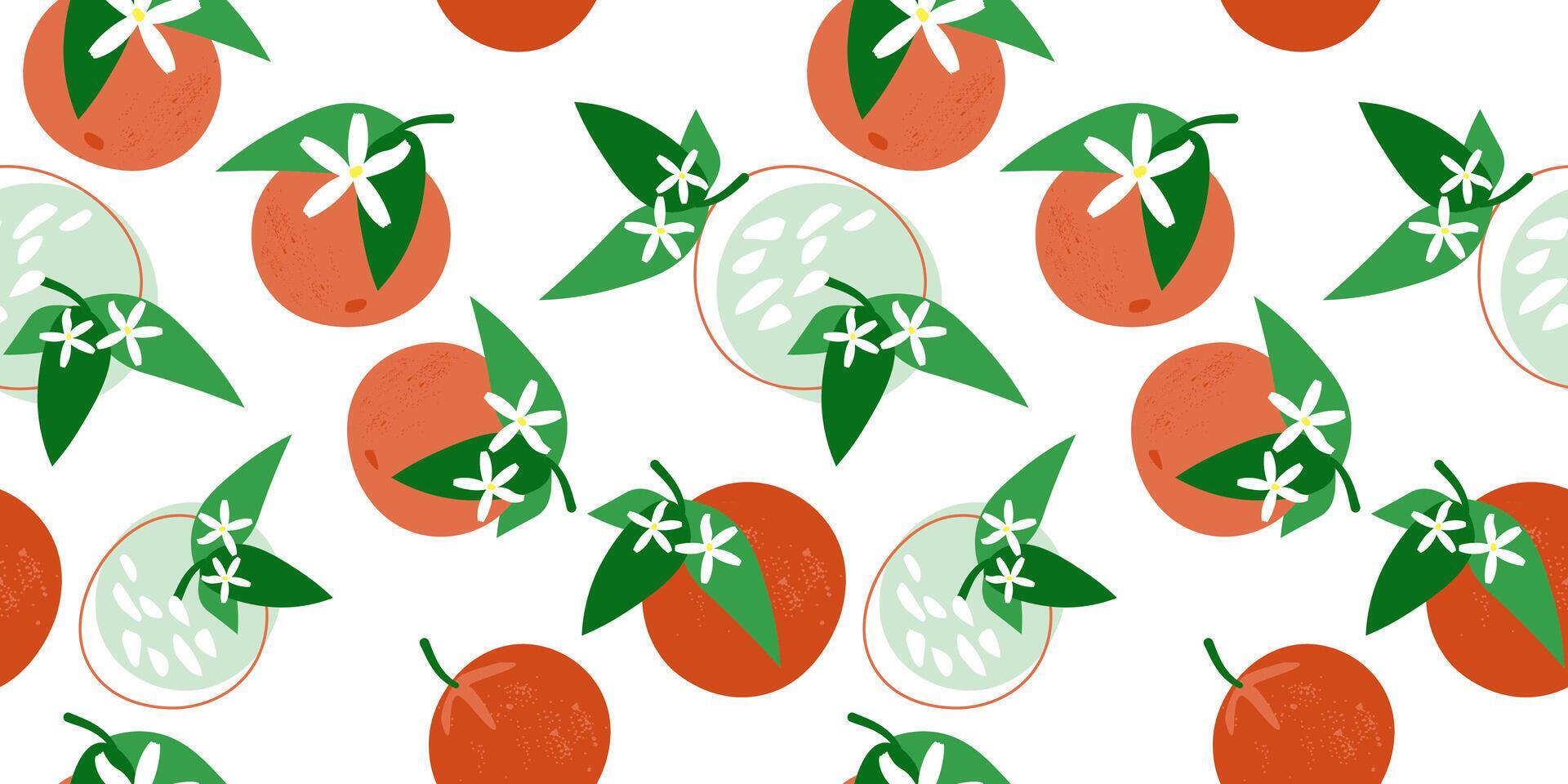 Seamless pattern with abstract fruits oranges. Food print with citruses, flowers and leaves. Vector graphics. Stock Free