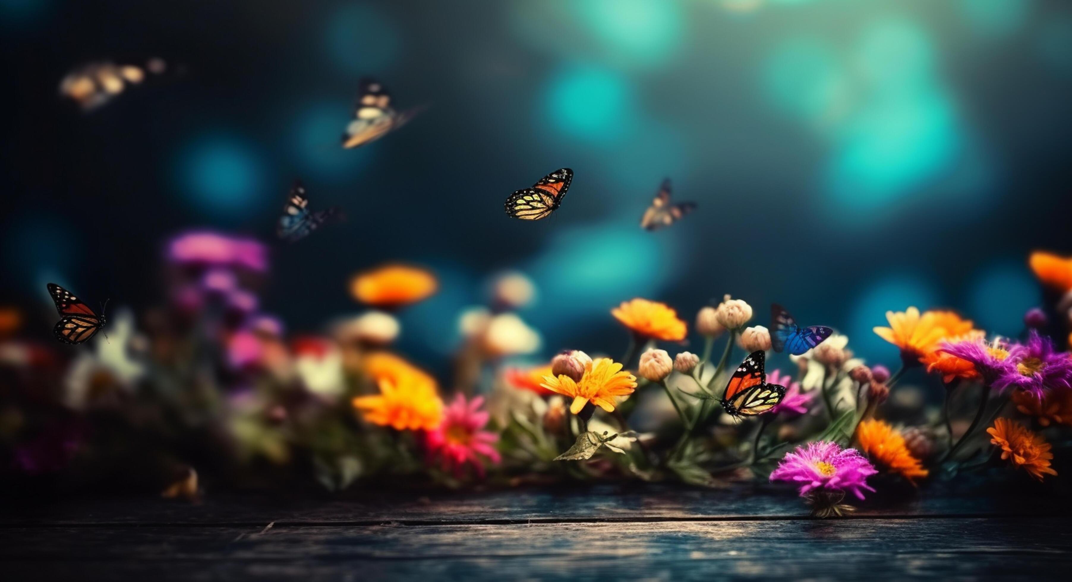 spring background. empty table, colorful flowers and butterflies. Stock Free