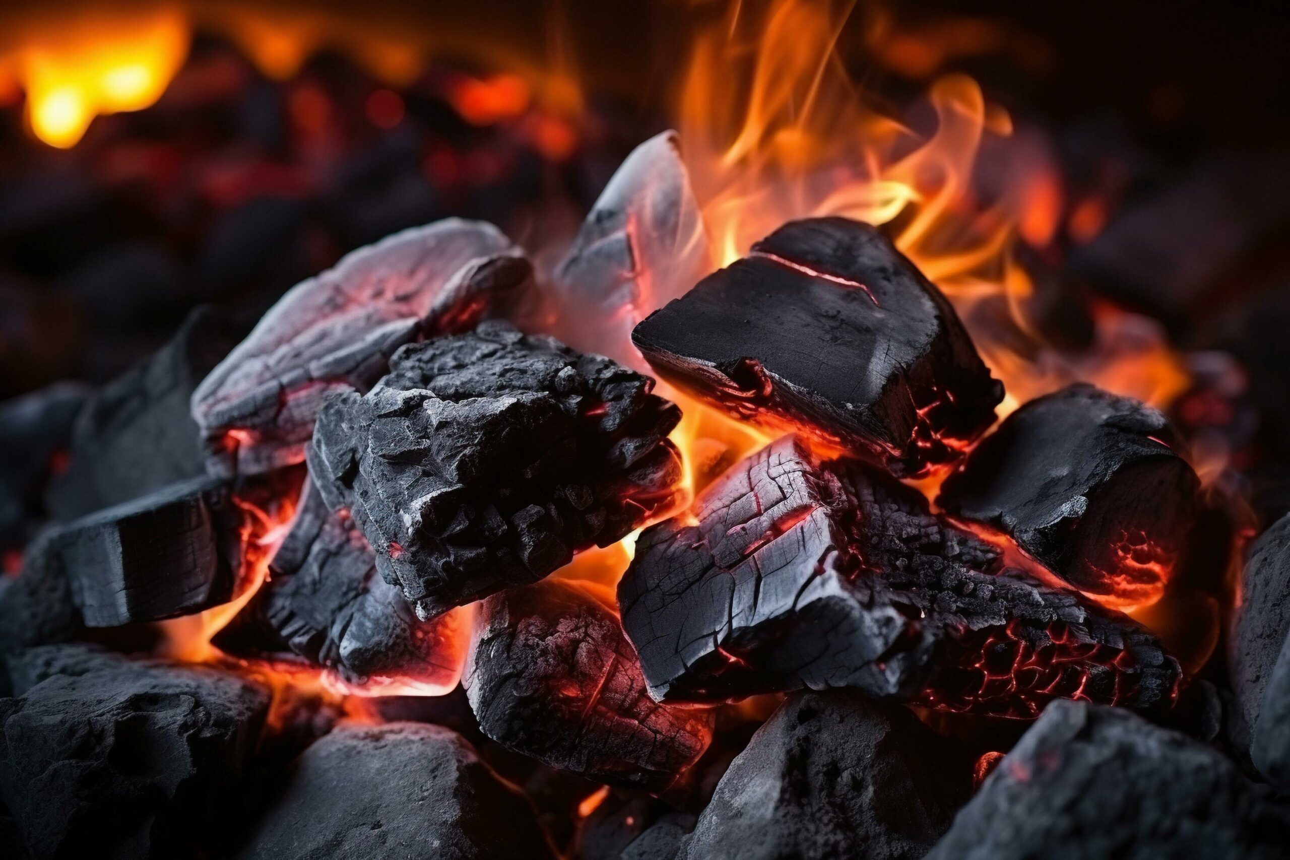 Close-up of the dying flames of a fire. Smouldering coals. Free Photo