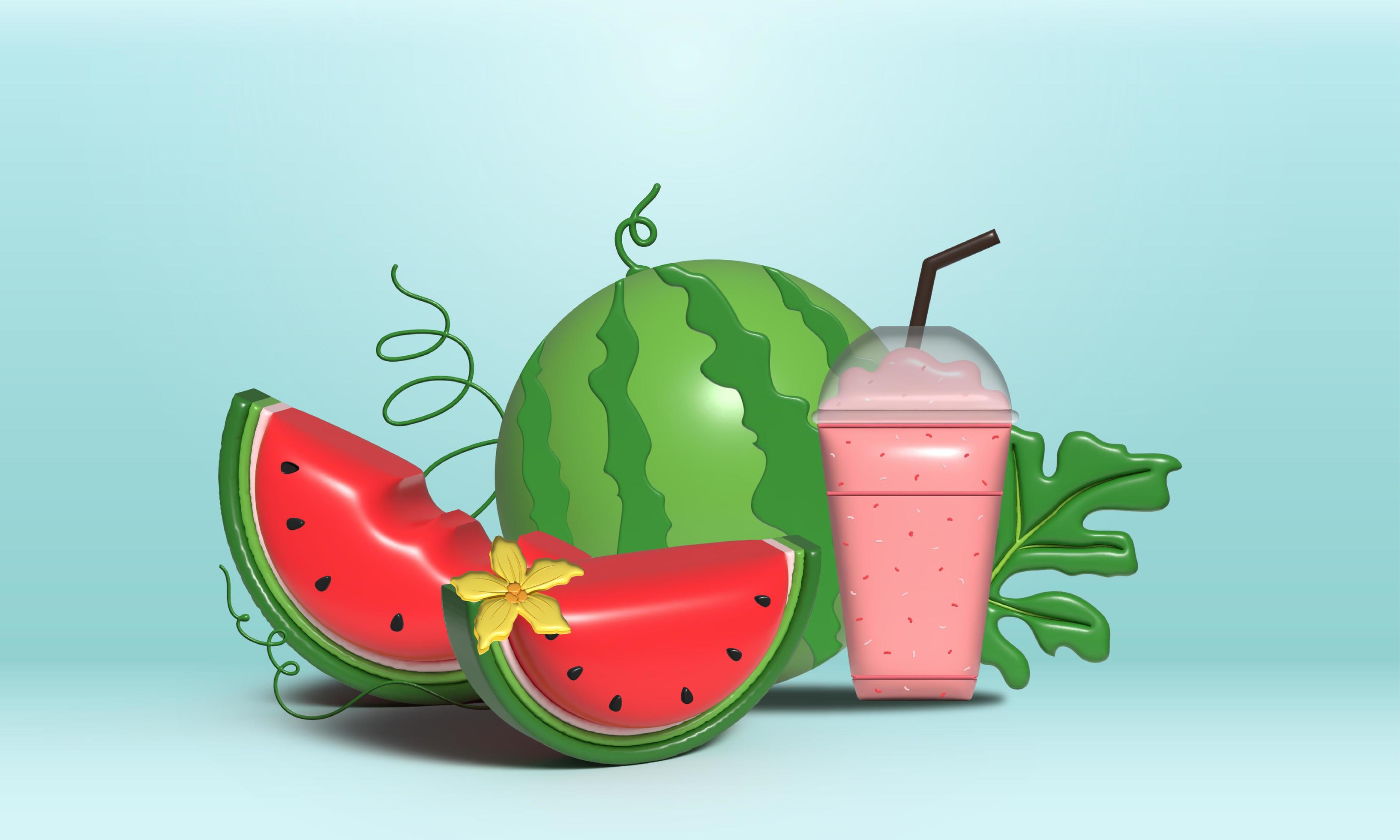 3D Watermelon and juicy slices banner, 3D illustration of watermelon juice, Fresh and juicy fruit concept of summer food. Stock Free