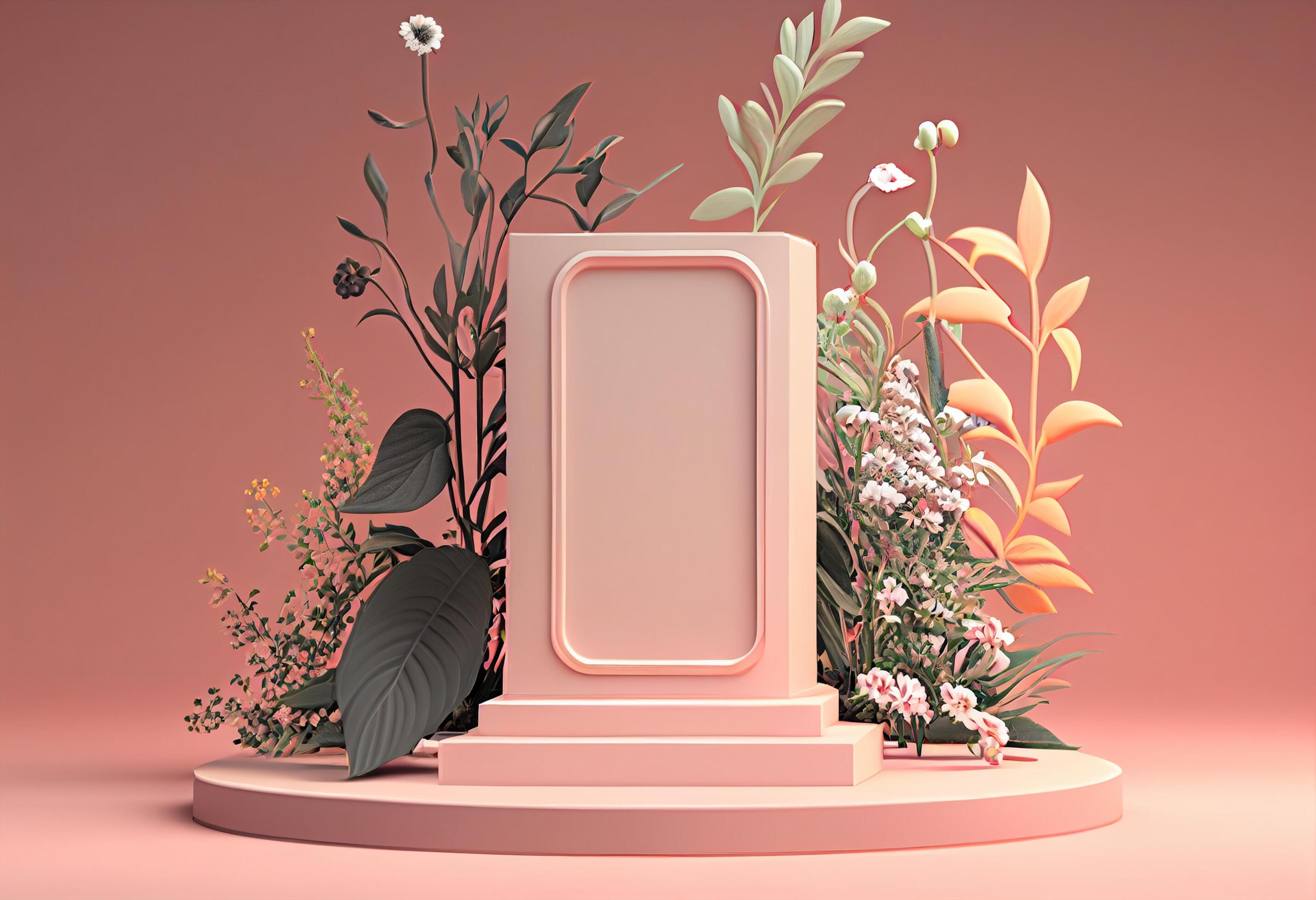 3d render of minimal display podium with tropical plants and flowers. Stock Free