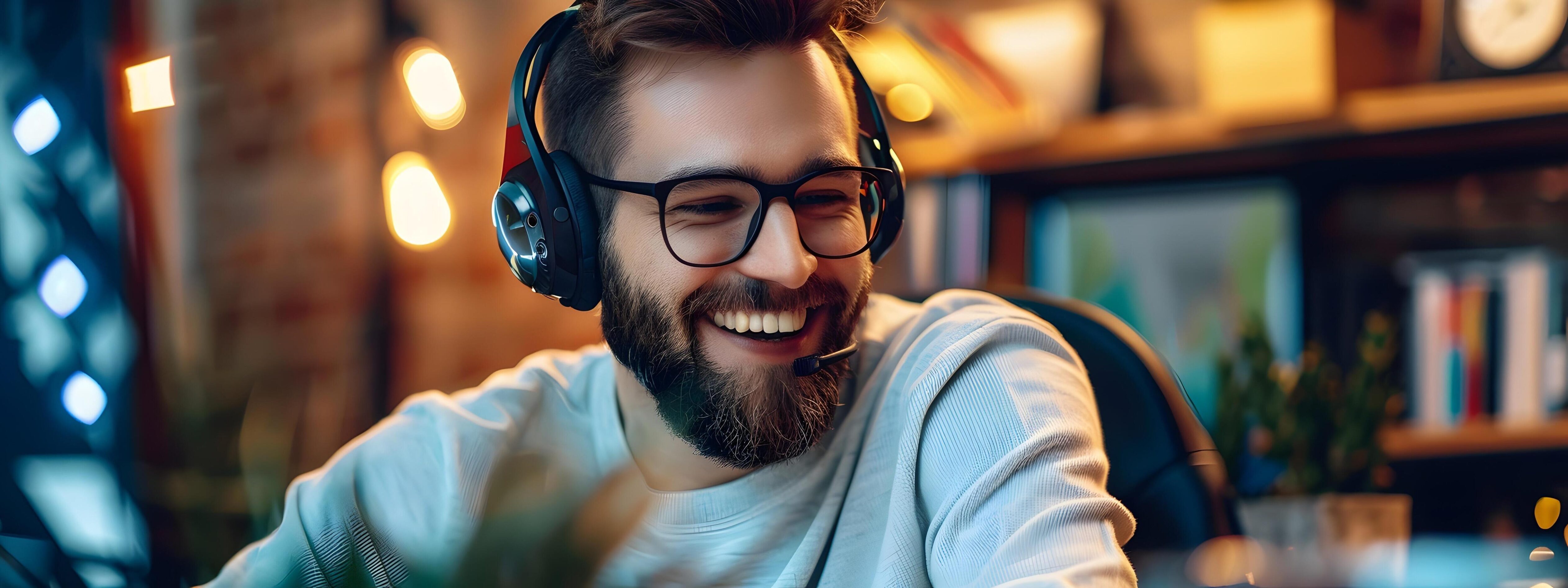 Cheerful Tech Expert Providing Friendly Customer Service in Modern Office Setting Stock Free