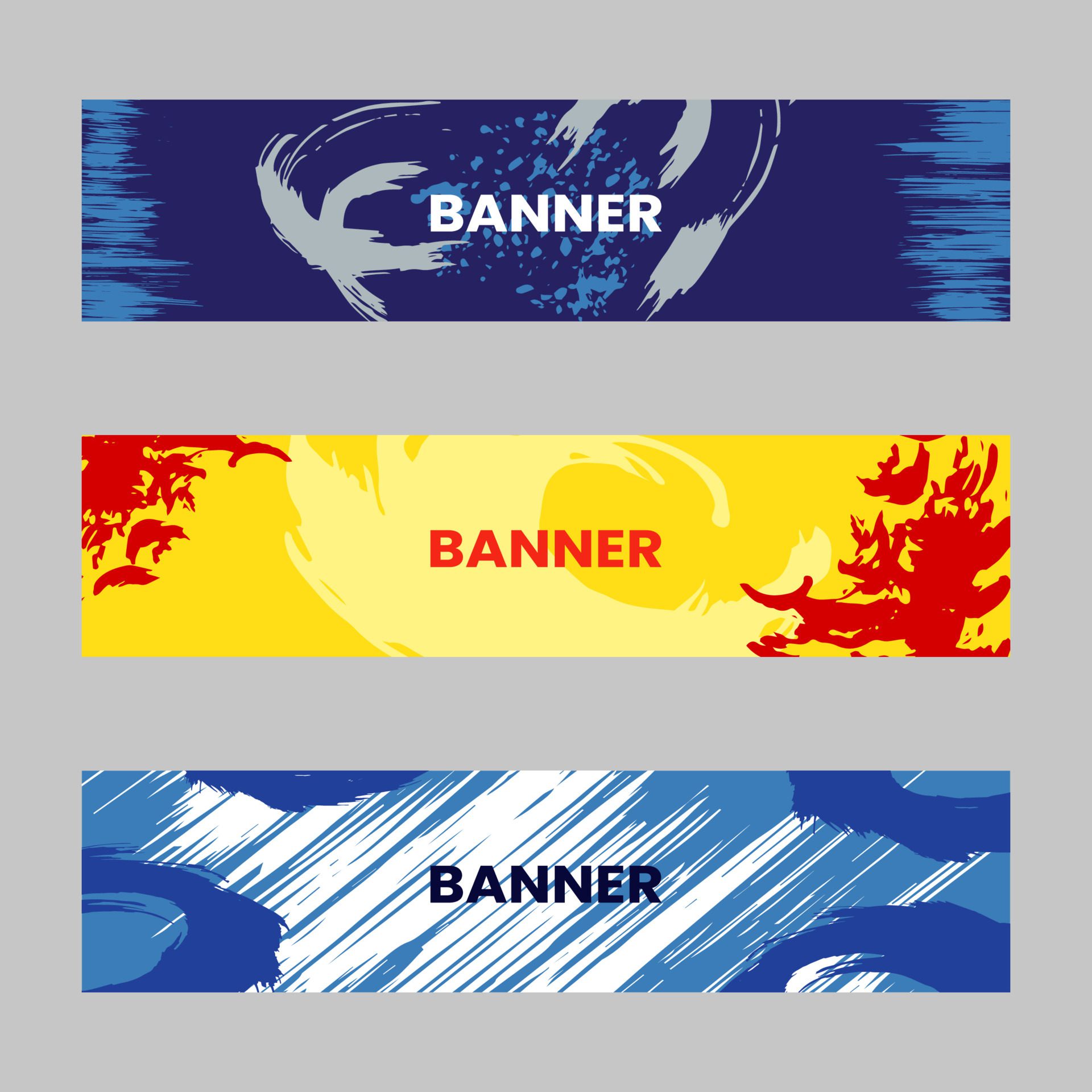 Simple colorful horizontal banners made of colored brush strokes and spots. Free Vector