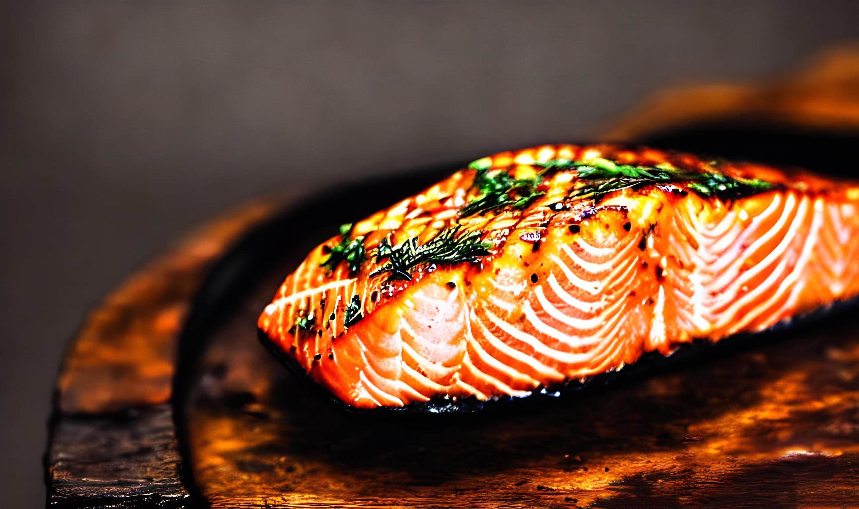 Grilled salmon. Healthy food baked salmon. Hot fish dish. Stock Free