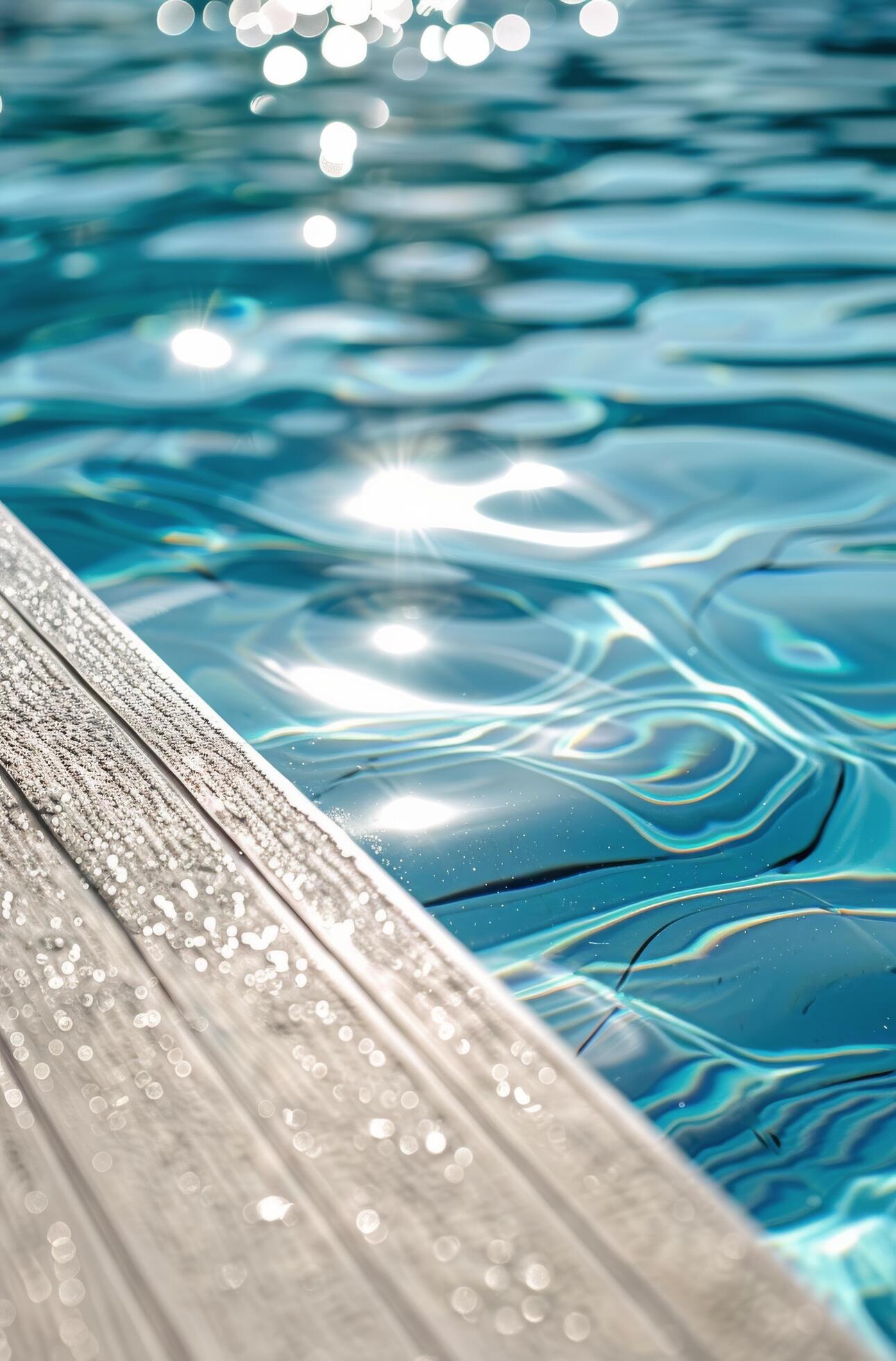 Close-Up View of a Wooden Deck Bordering a Blue Swimming Pool Stock Free