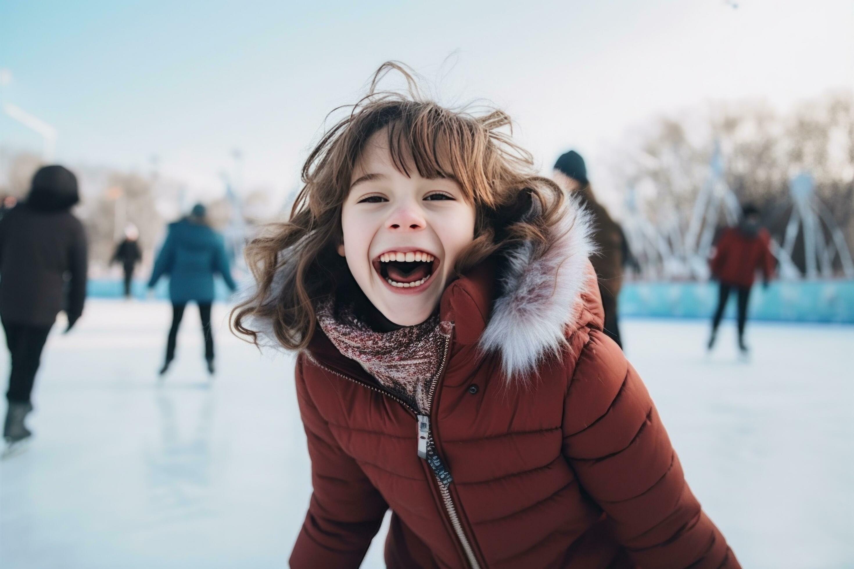 AI generated a young girl is hysterical and enjoying herself on ice rink with her family Stock Free