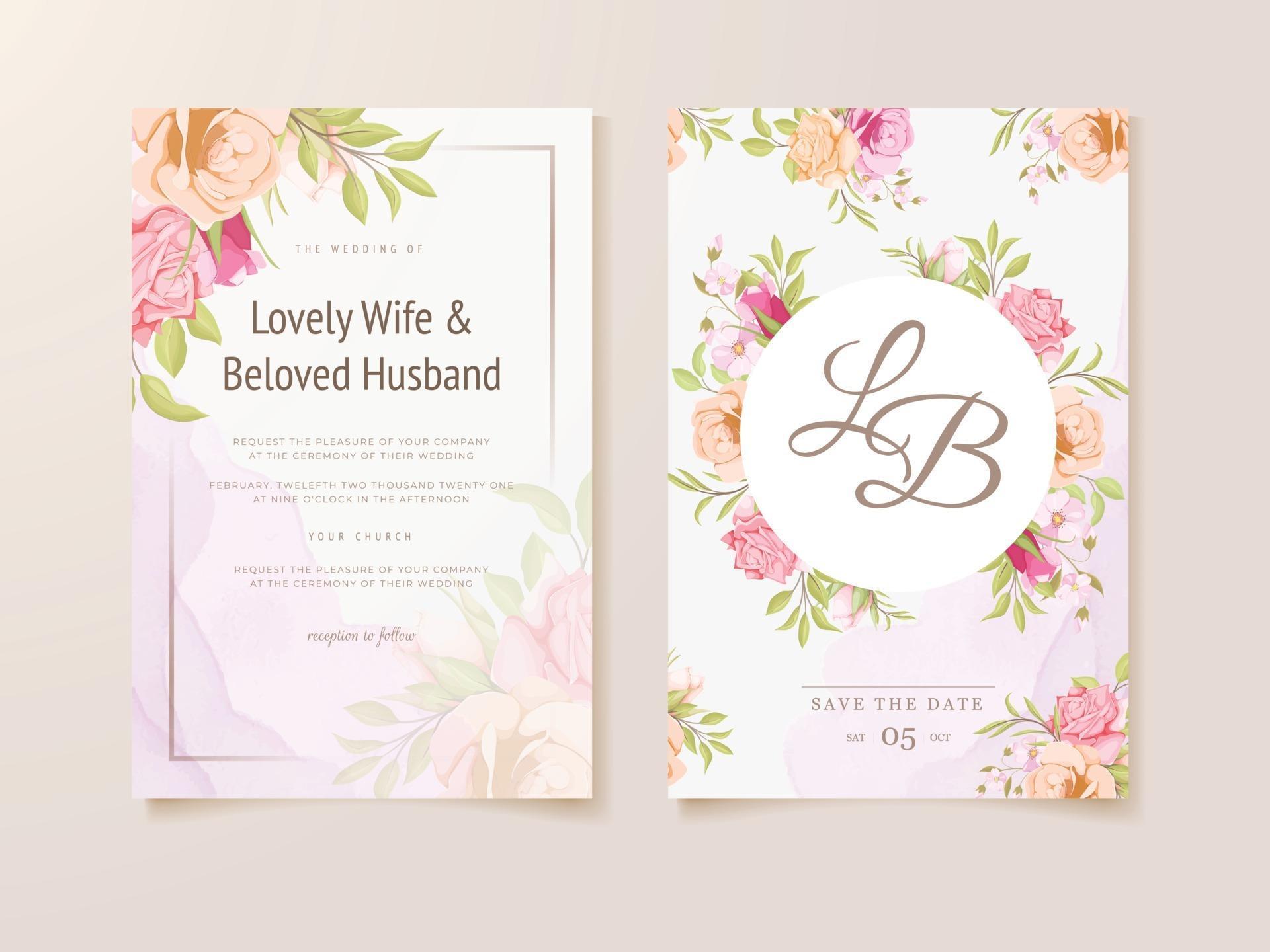 Wedding Invitation Card Floral Concept Template with Flowers and Leaves Stock Free