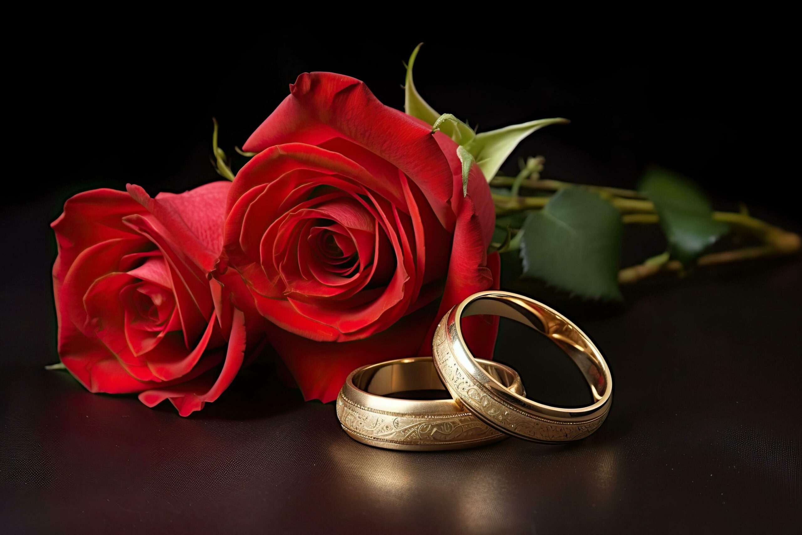 Wedding rings and red roses on black background, close-up. Free Photo