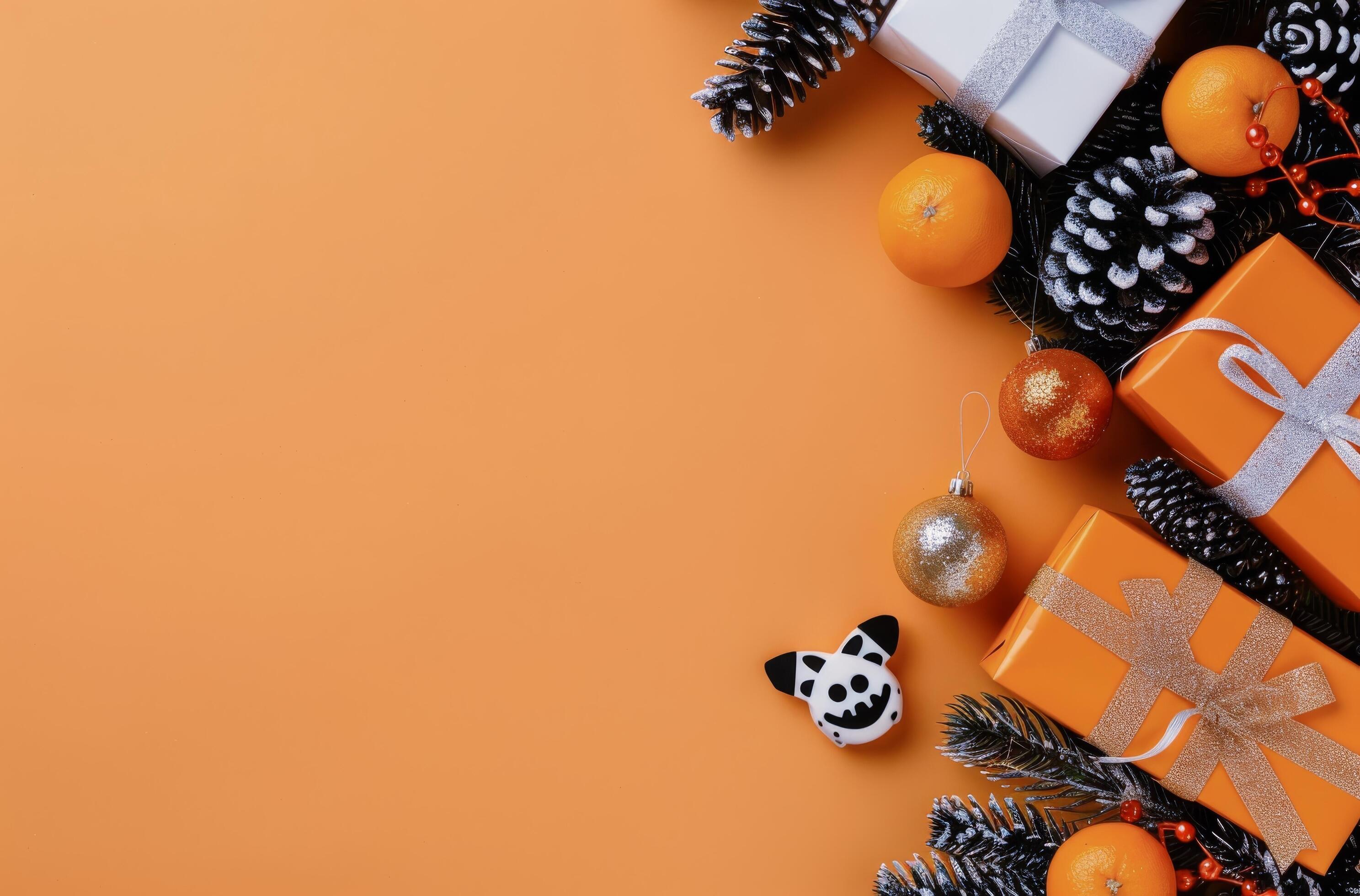 Festive Holiday Decorations With Oranges, Pinecones, and a Gift on Orange Background Stock Free