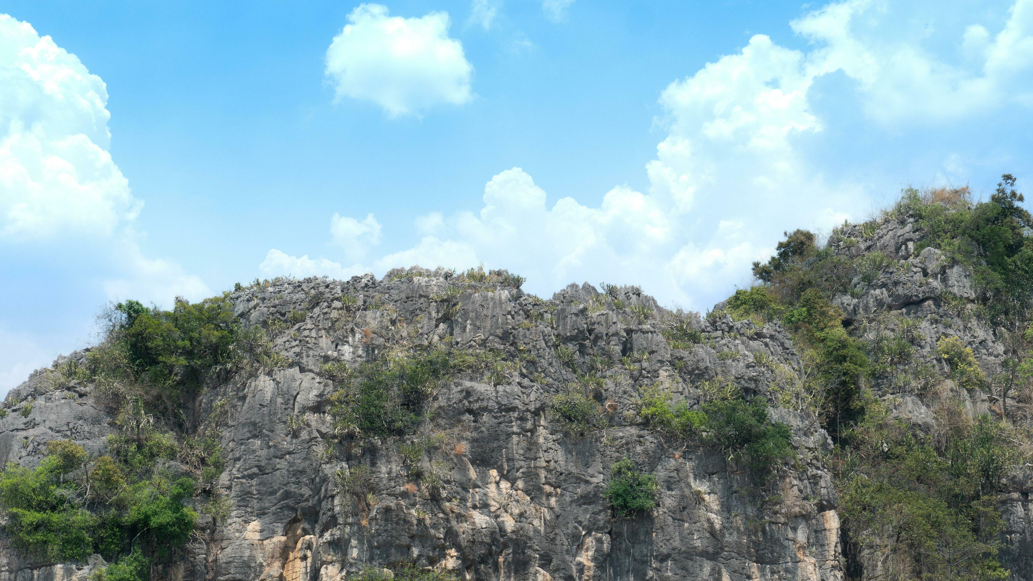 Nature background of top of a mountain range dotted with trees and foliage. Under the blue sky and white clouds. Stock Free