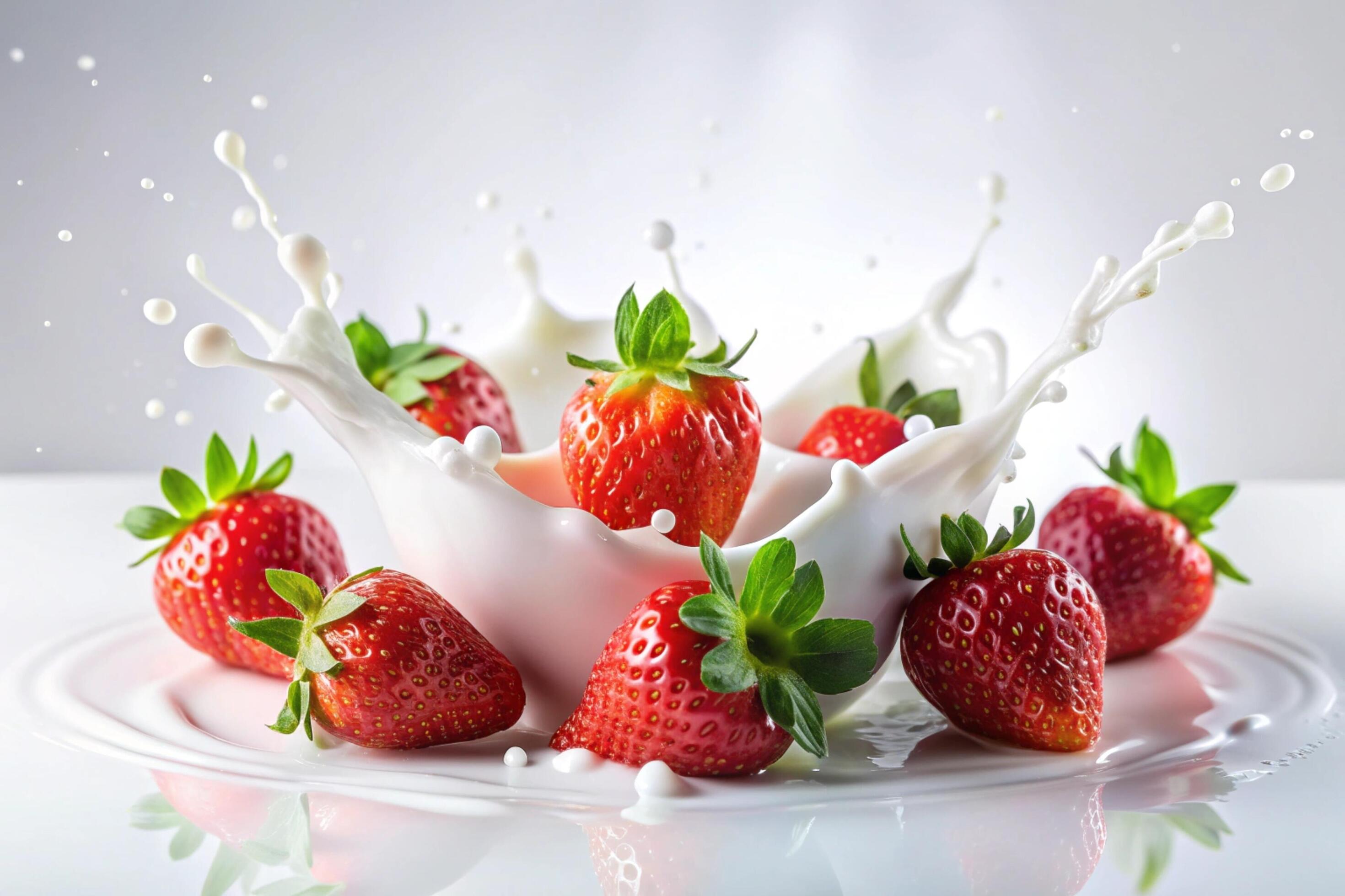 Milk splashes with strawberry on white background Stock Free