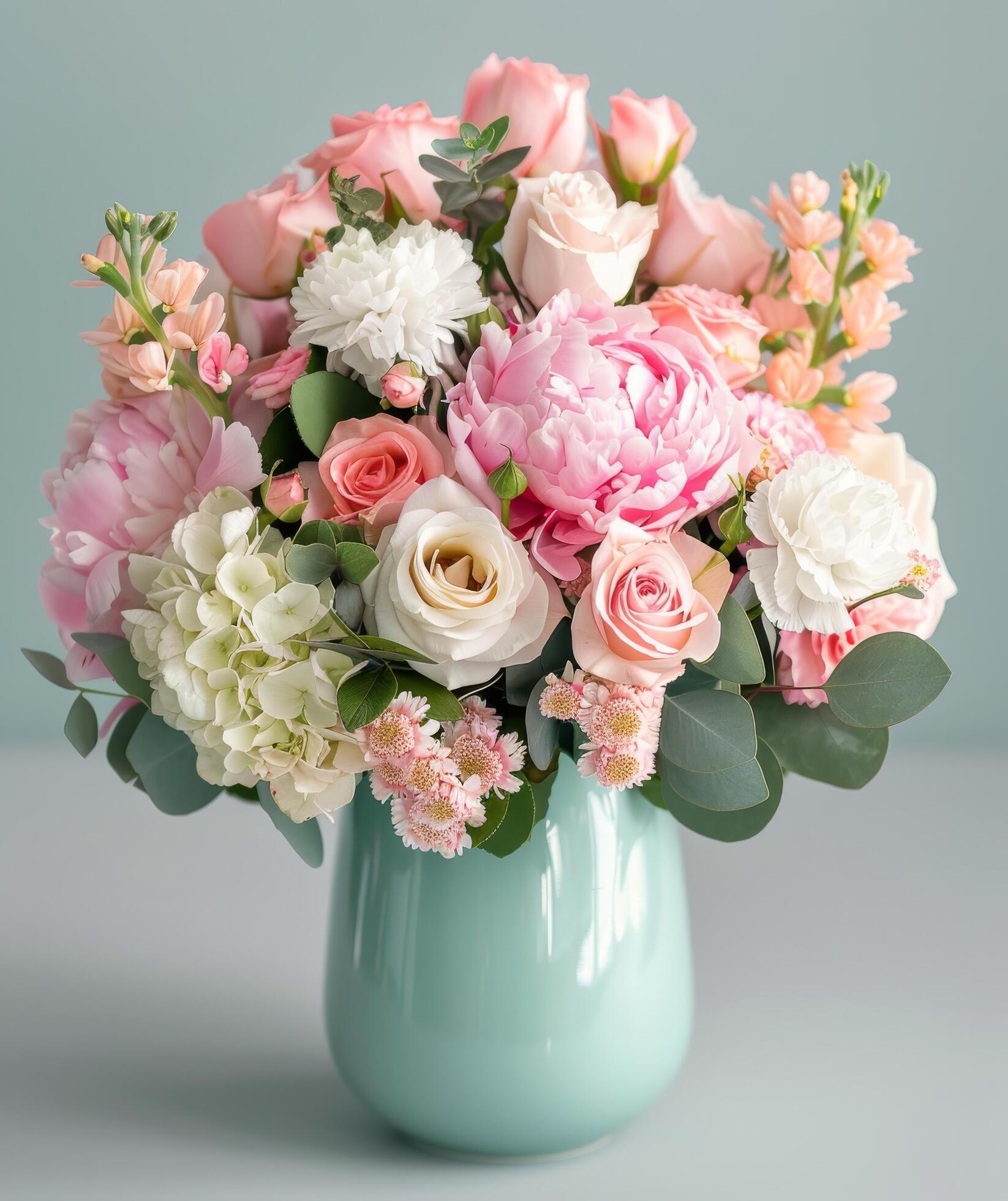 Elegant Floral Arrangement in Pastel Tones on Mint Green Background Stock Free