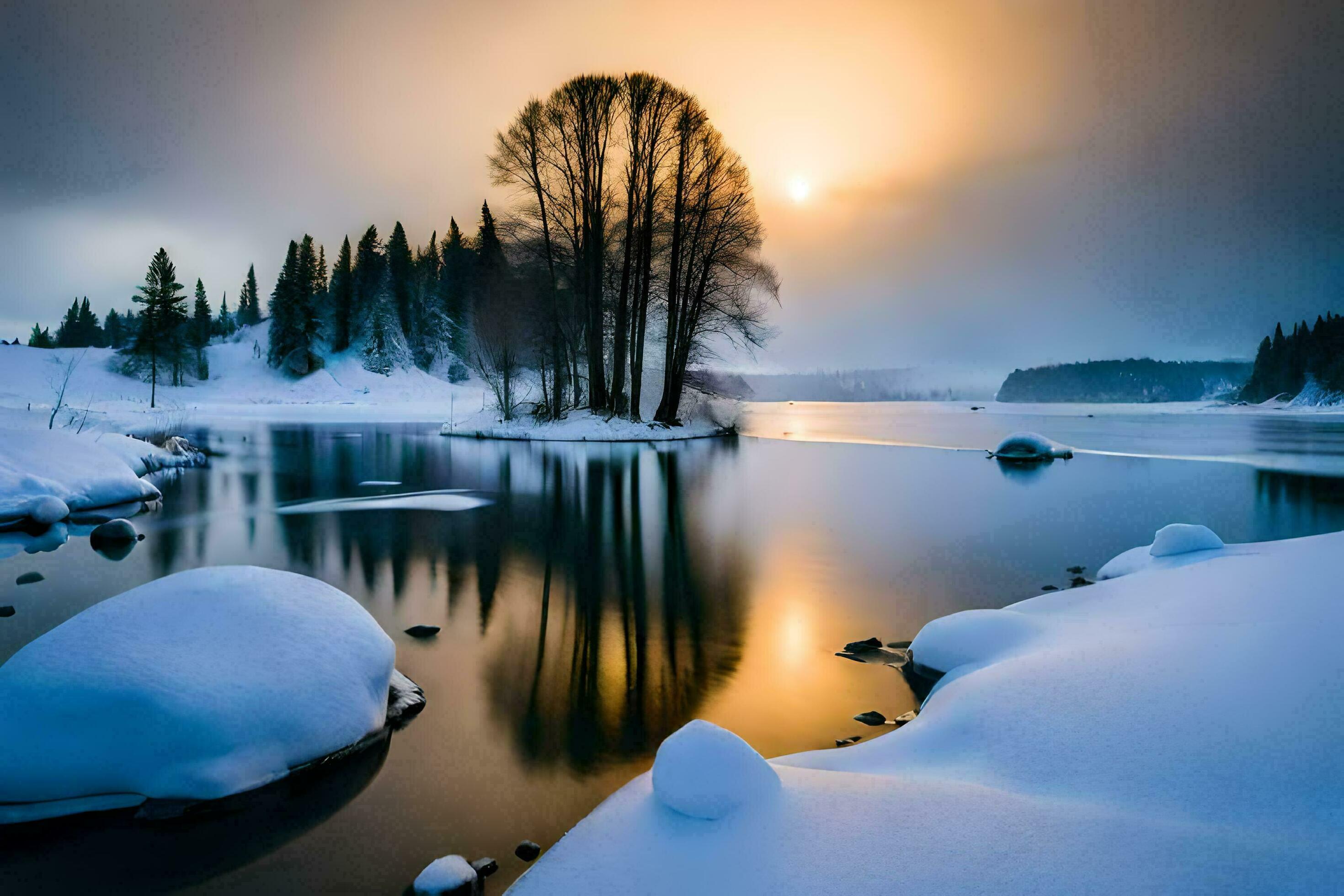 landscape snowy mountain with lake ai generate Stock Free