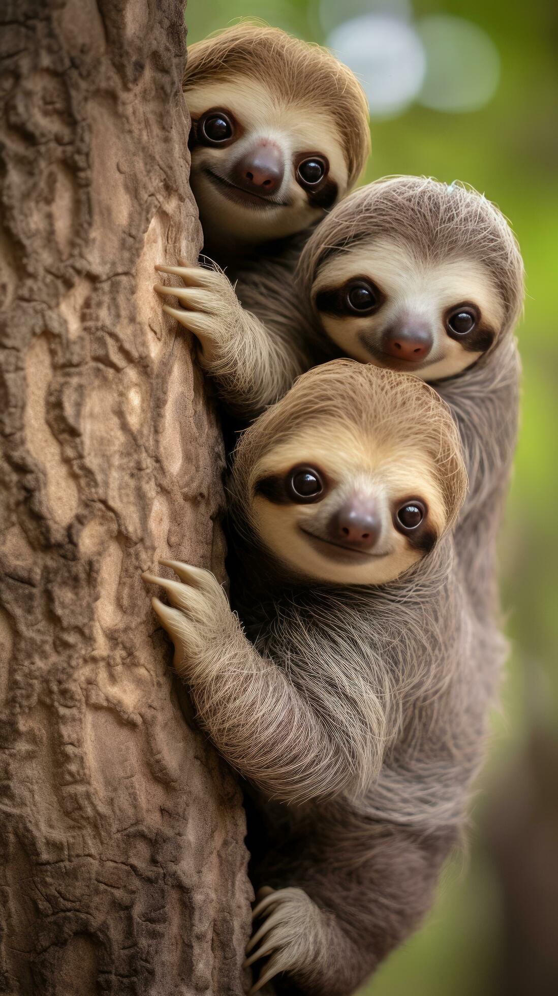 AI generated A family of adorable sloths clings contentedly to a tree trunk Stock Free