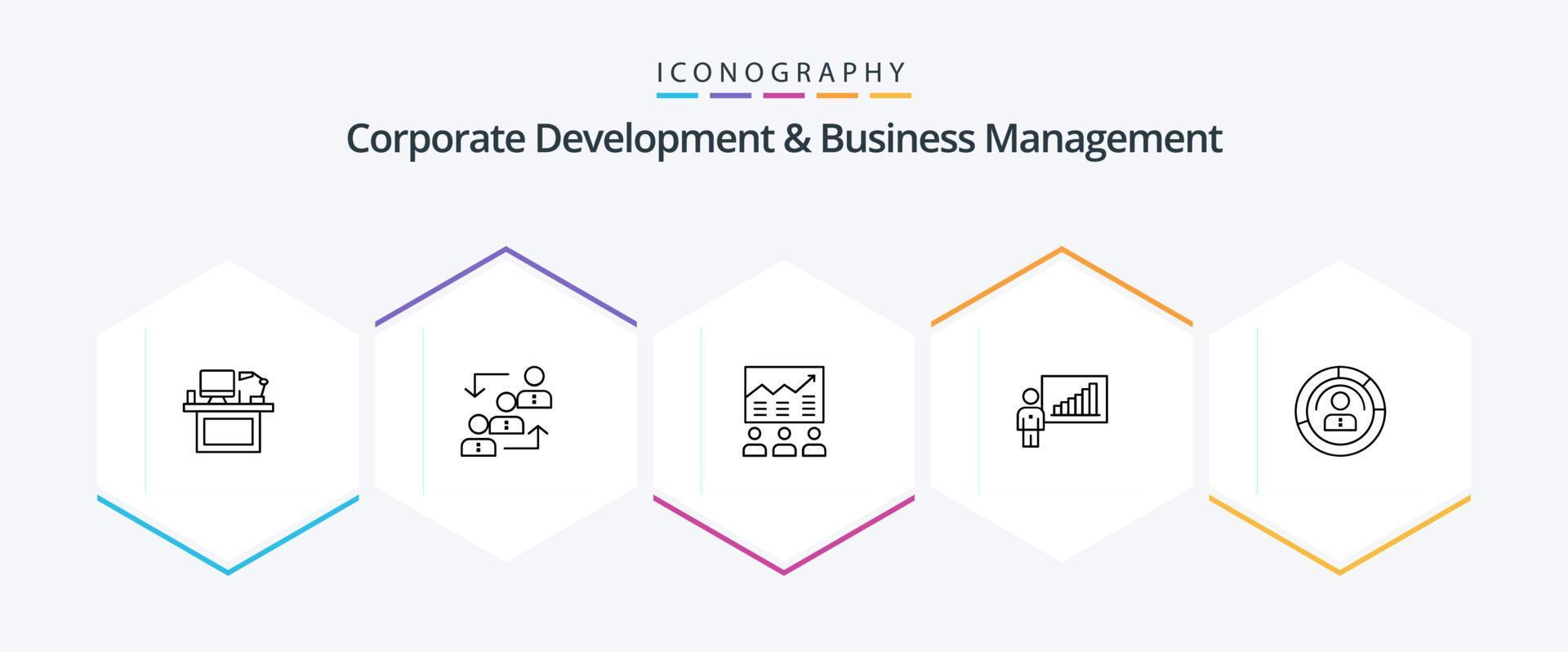 Corporate Development And Business Management 25 Line icon pack including chart. arrow. advancement. team. staff Stock Free