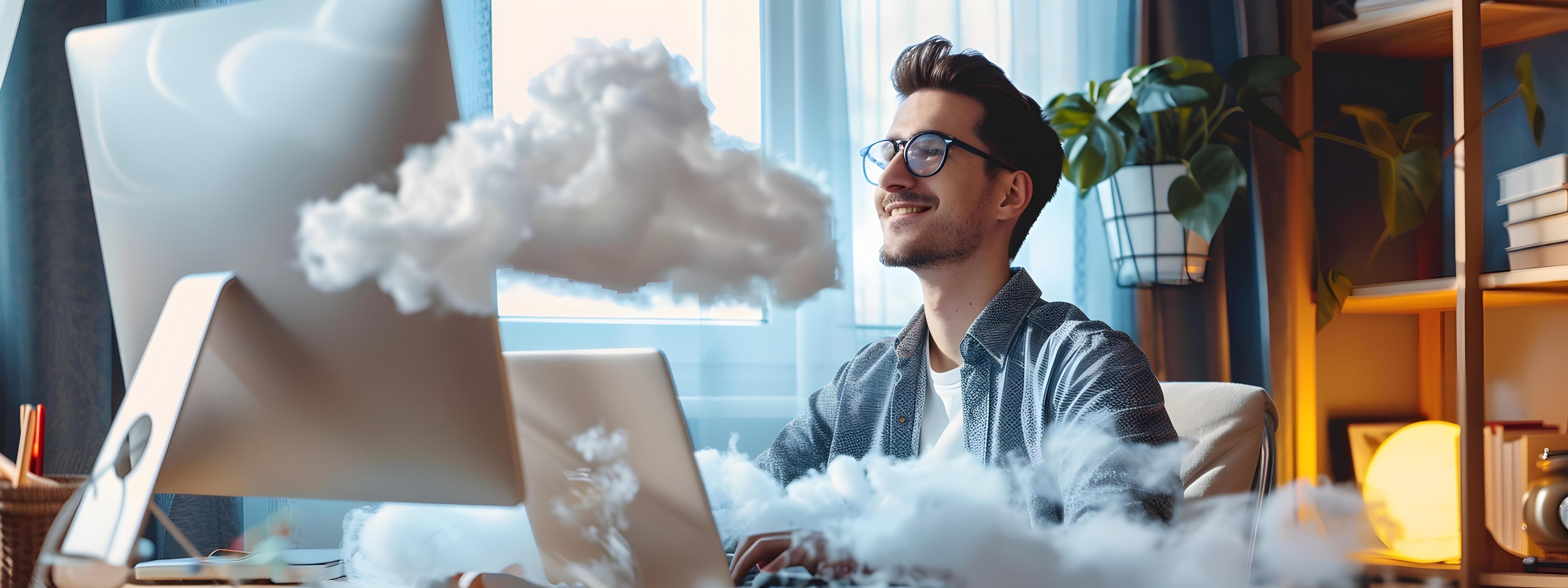 Confident Cloud Architect Working Diligently on Laptop in Bright Home Office Stock Free