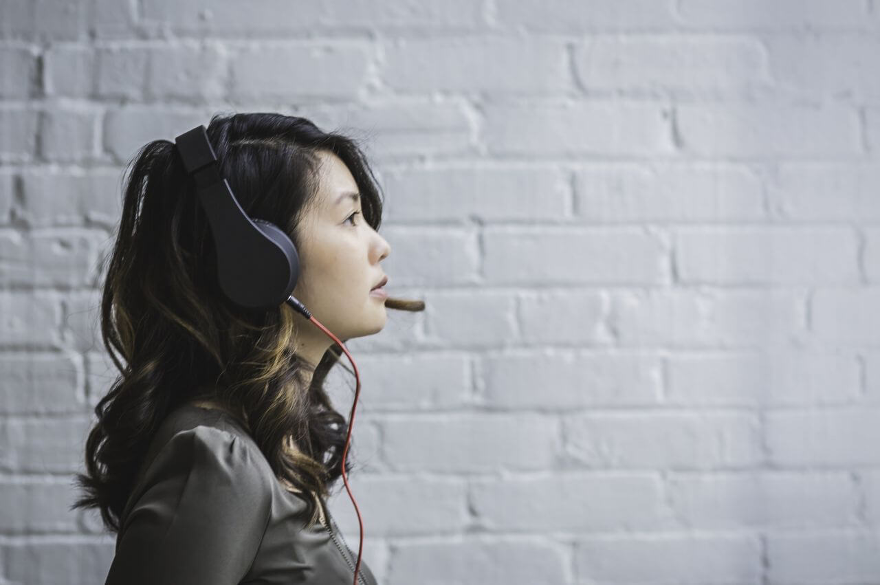 Woman Headphones White Wall Stock Free