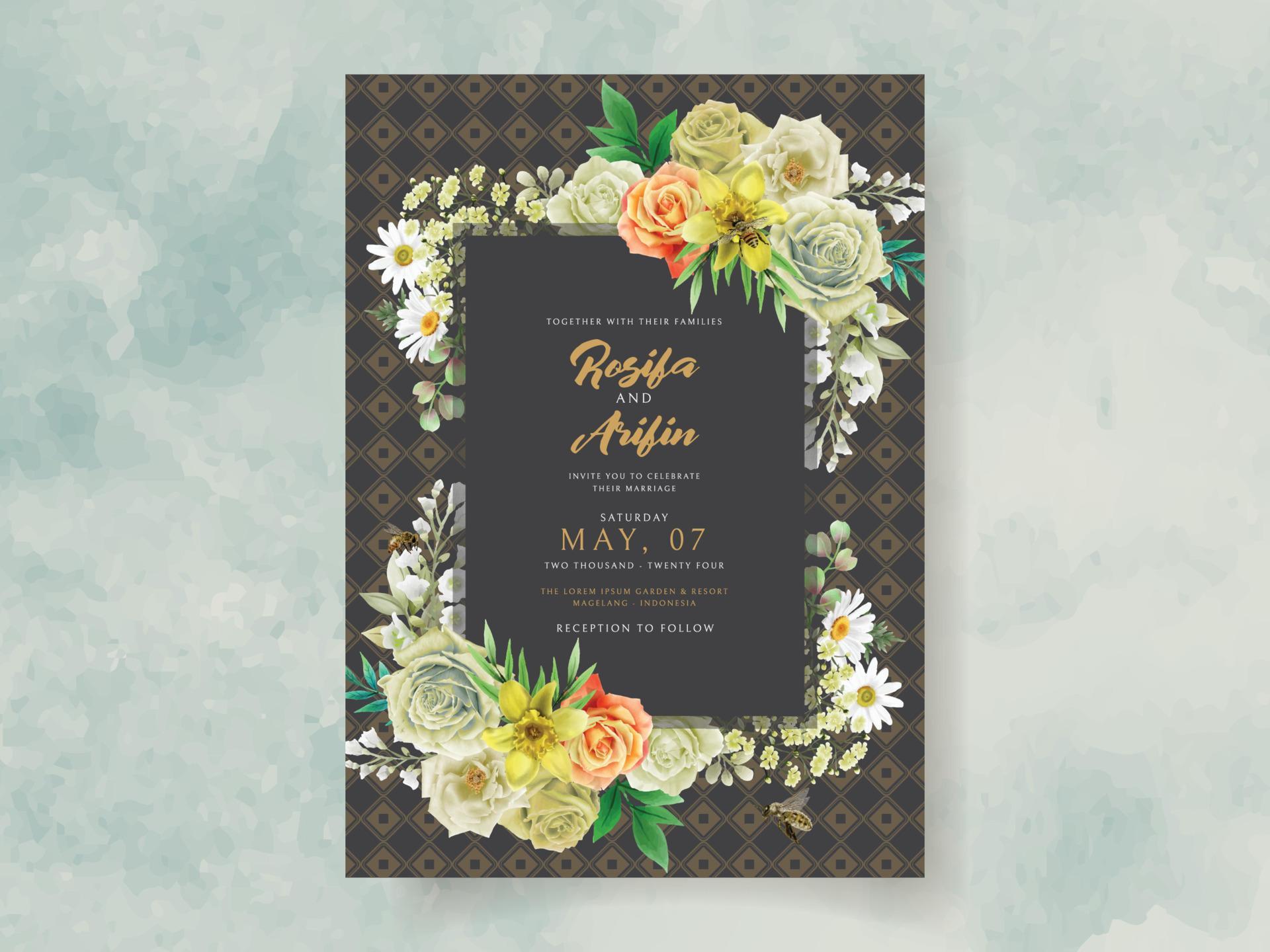 elegant wedding invitation yellow flowers and bees Stock Free