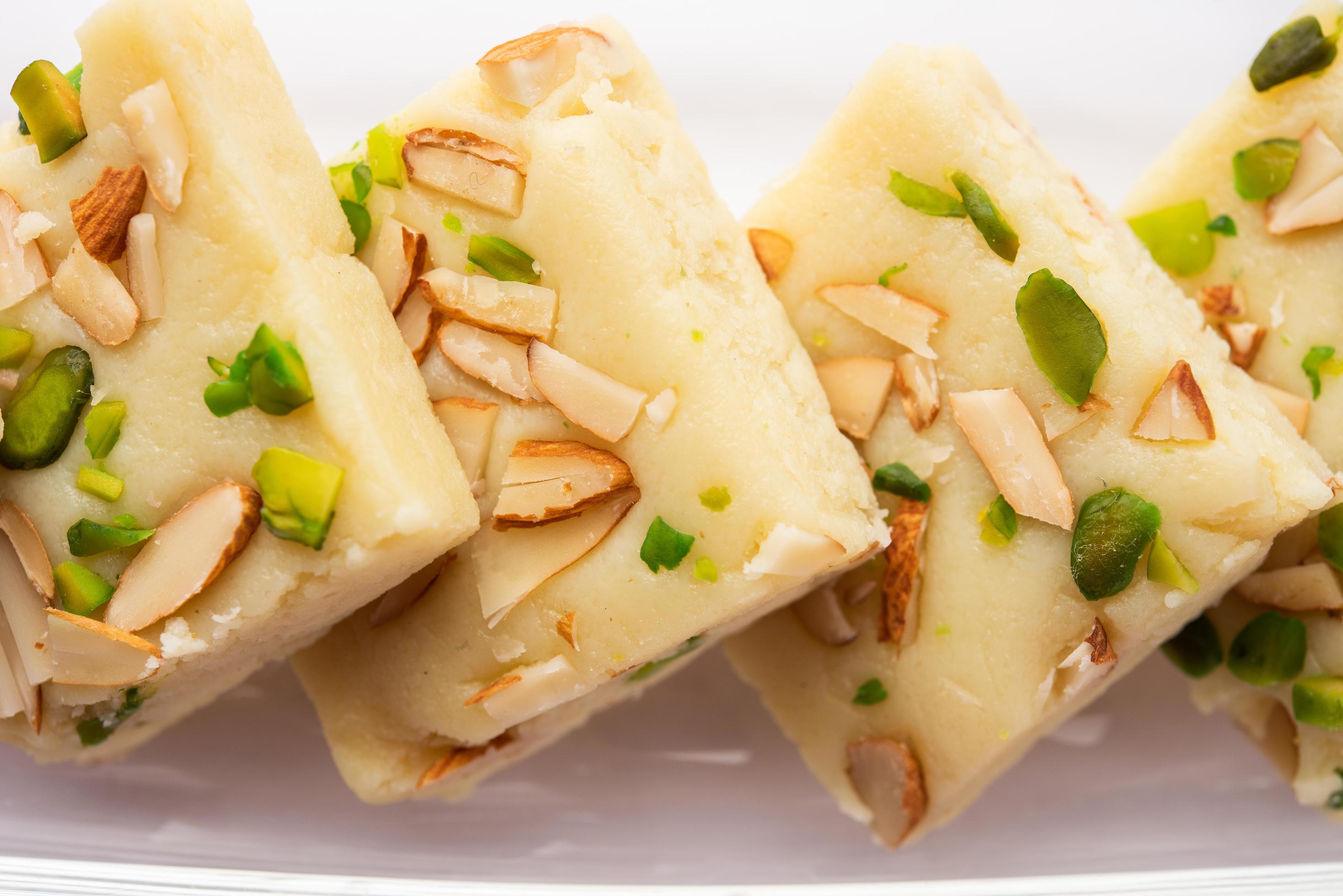 Milk powder barfi also known as Mava burfi, white Khoya burfi or Barfee, Indian Sweet food Stock Free