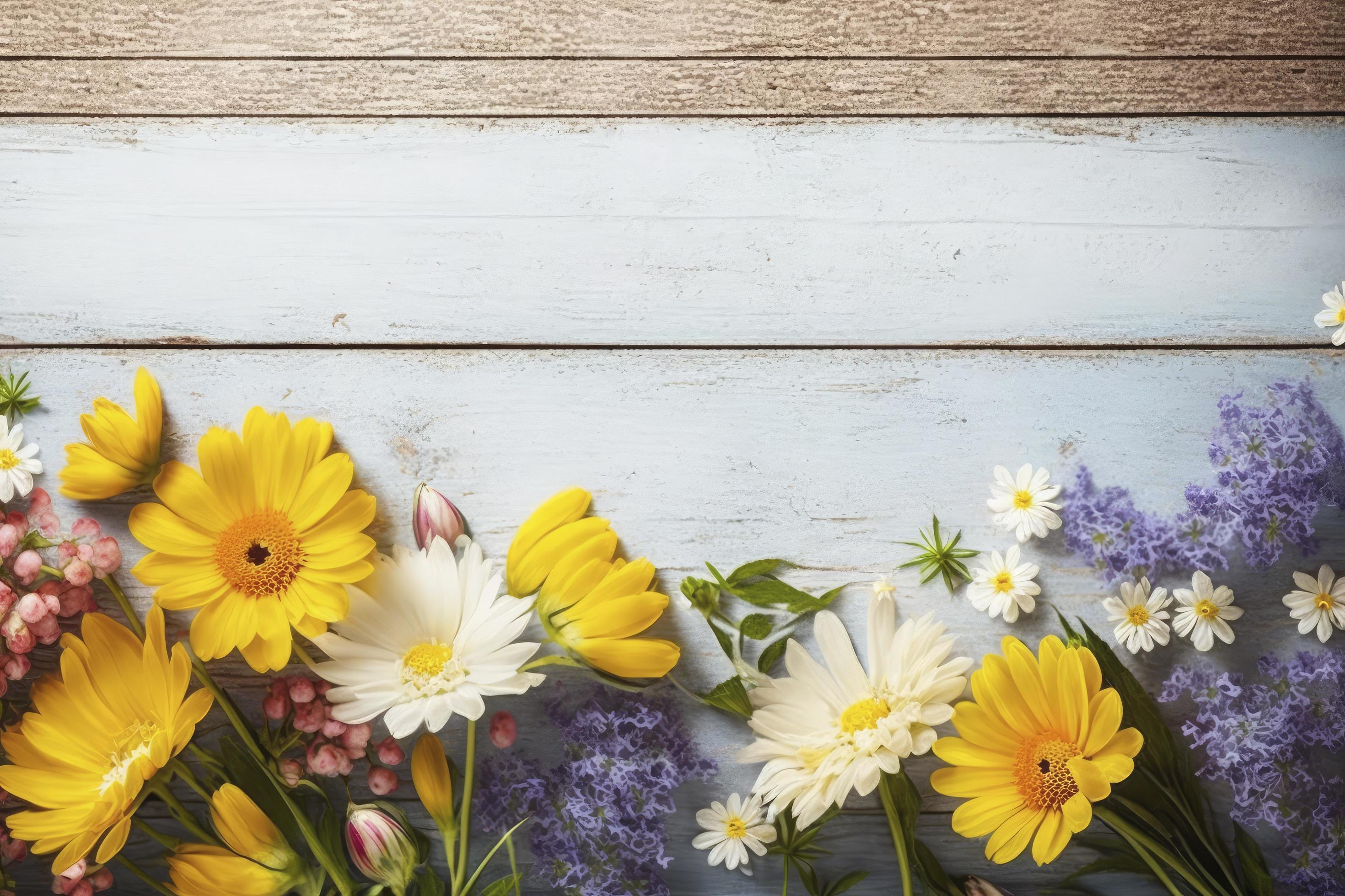 Garden flowers over wooden background stock photo Springtime, generate ai Stock Free