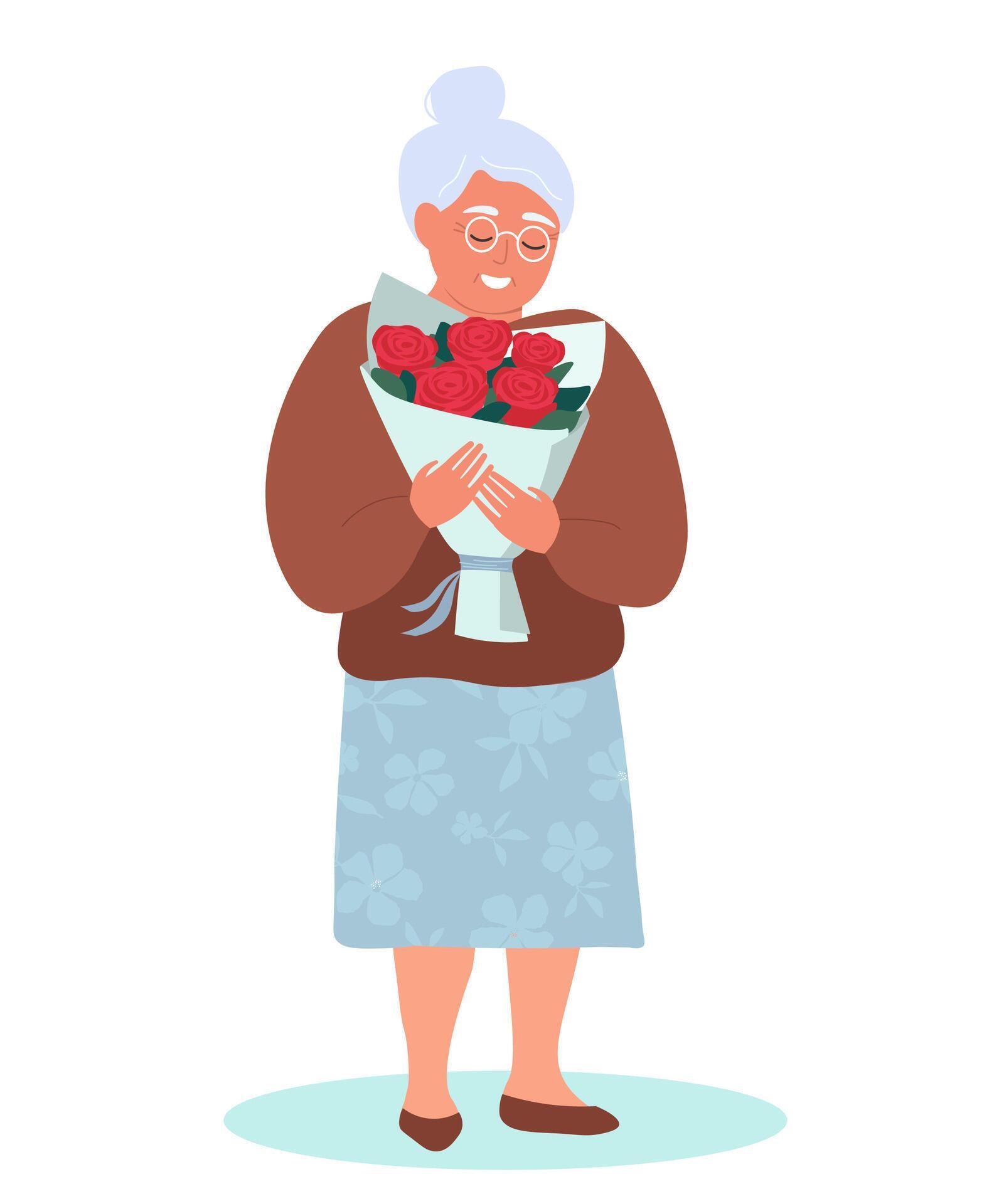 A gray-haired woman lived with a bouquet of roses in her hands. The old lady is happy after receiving the flower. Stock Free