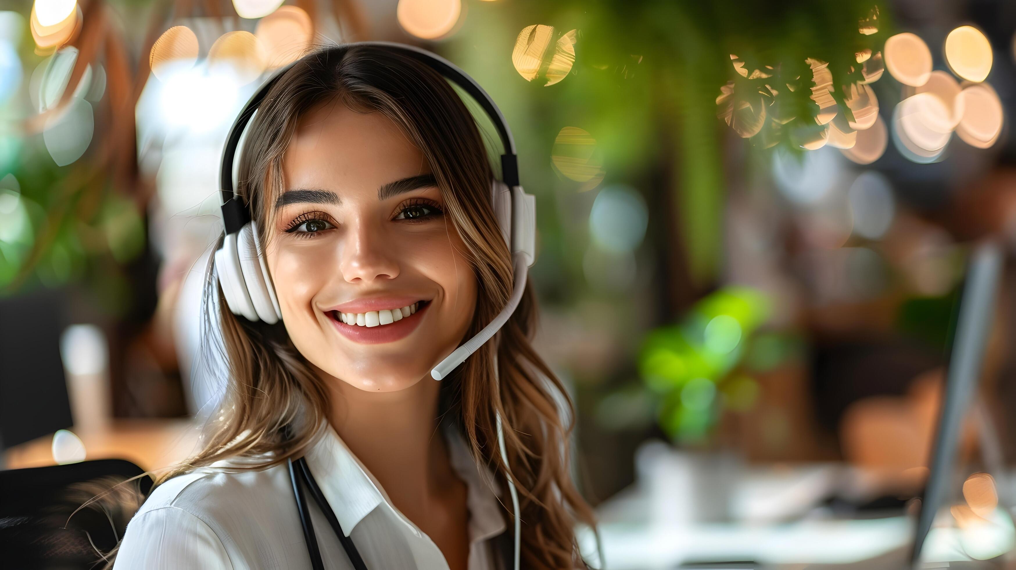 Cheerful Young Woman Providing Excellent Customer Service with Headphones and Smile Stock Free