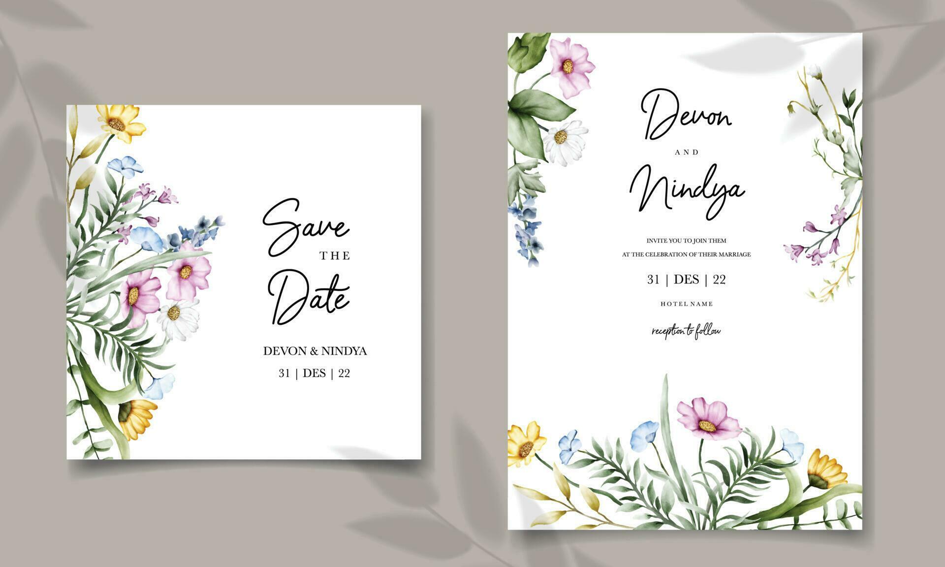 
									Elegant wedding invitation card with beautiful watercolor flowers Stock Free