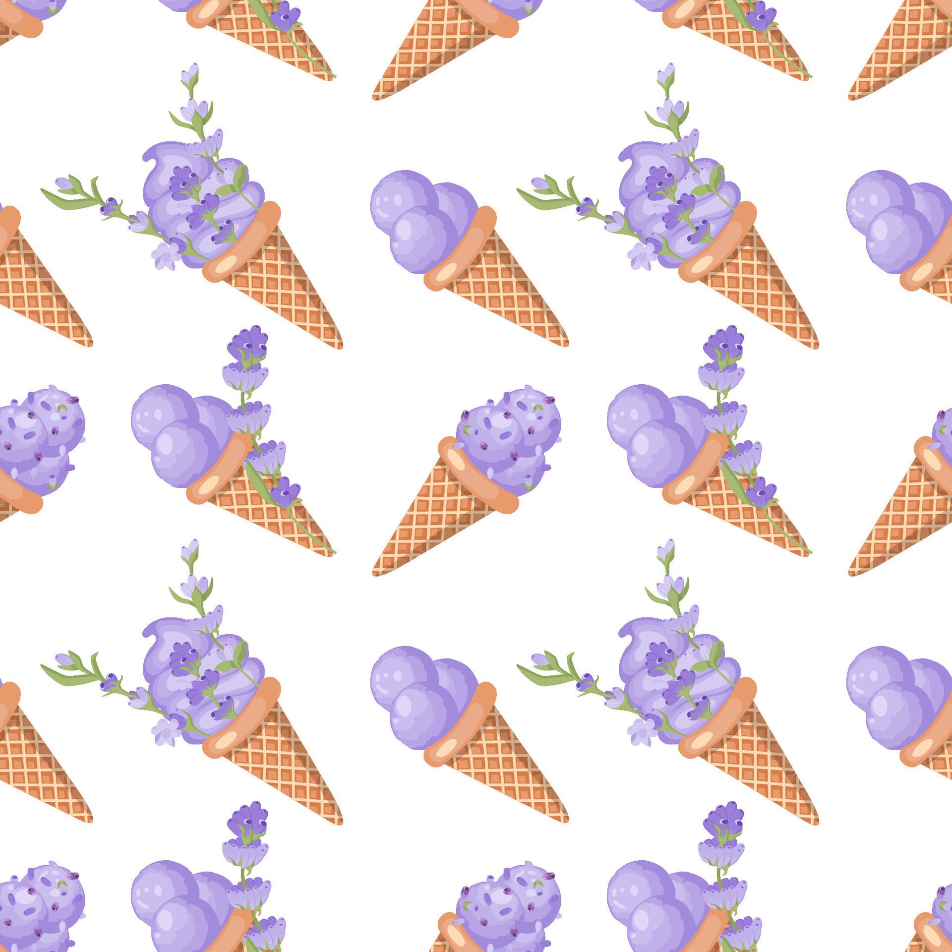 Lavender ice cream. Three scoops of creamy sweet dessert in a waffle cone. Purple sorbet. Seamless pattern. illustration. Free Vector