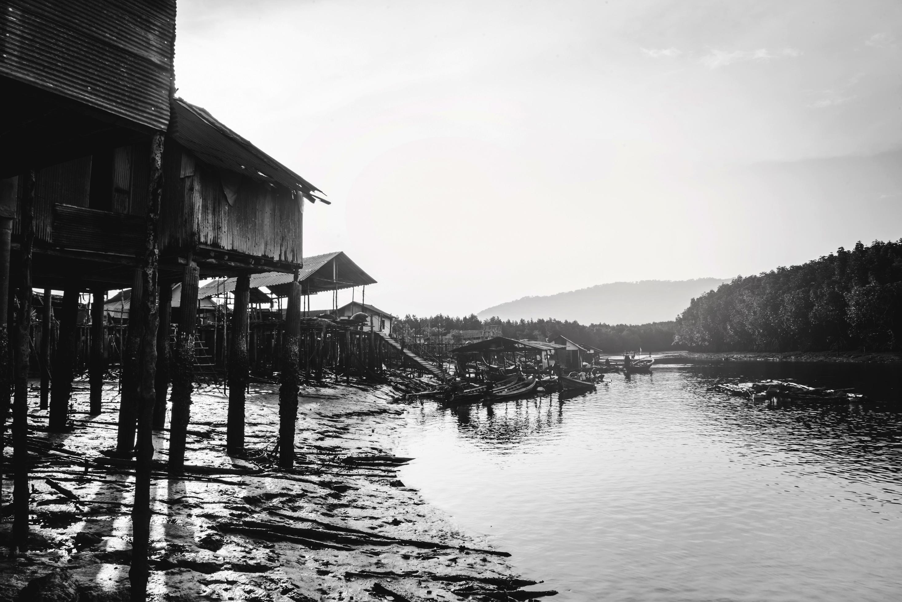 background landscape. The fishing village life style black and white picture. Stock Free