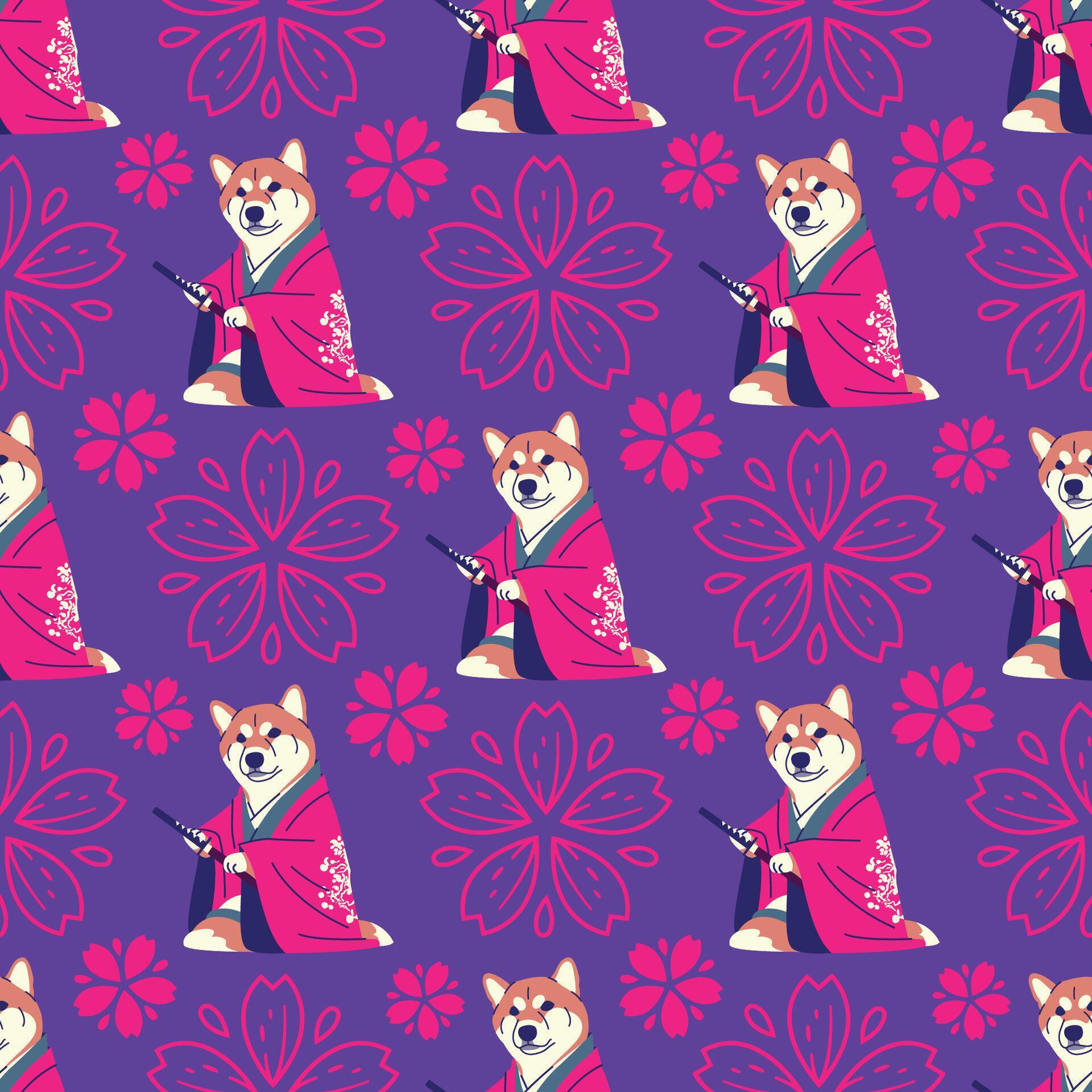 SHIBA DOG IS WEARING YUKATA WITH SAKURA FLOWER SEAMLESS PATTERN Stock Free