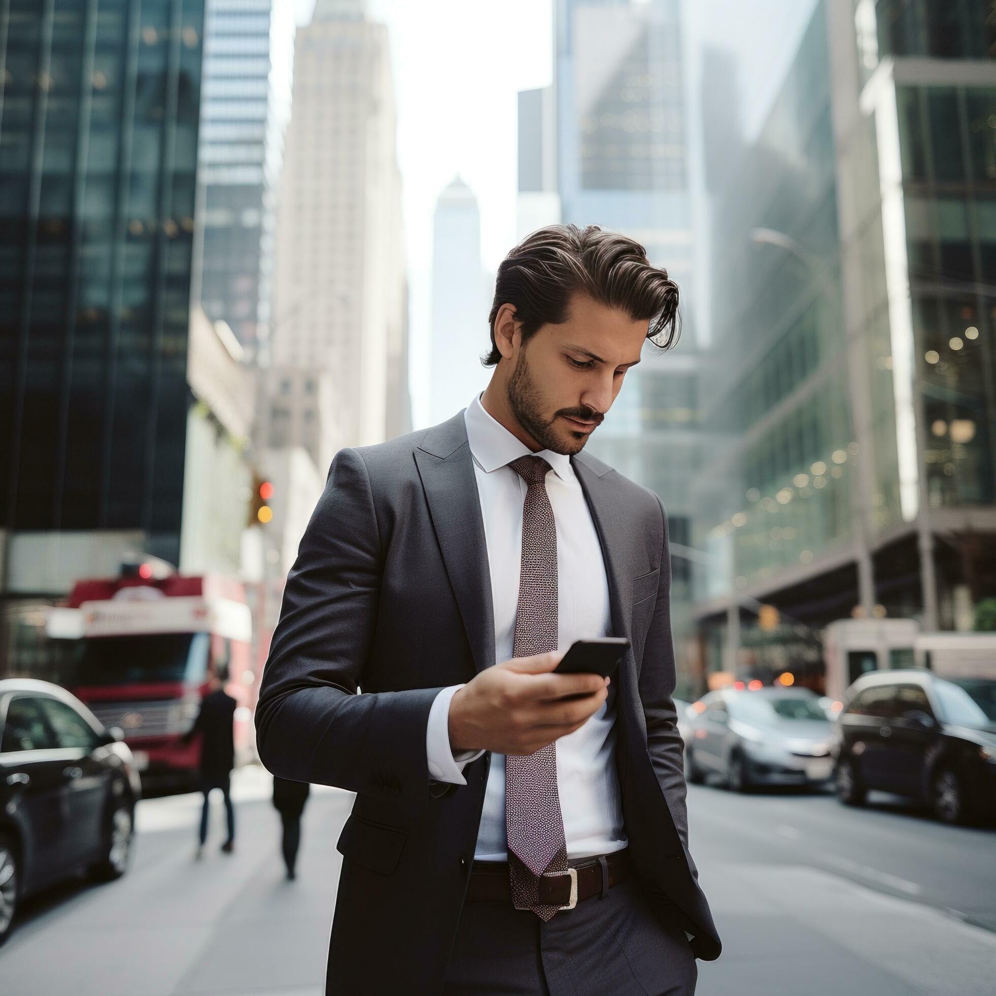 AI generated A man in a suit walking down a busy city street, looking at his phone with skyscrapers in background Stock Free