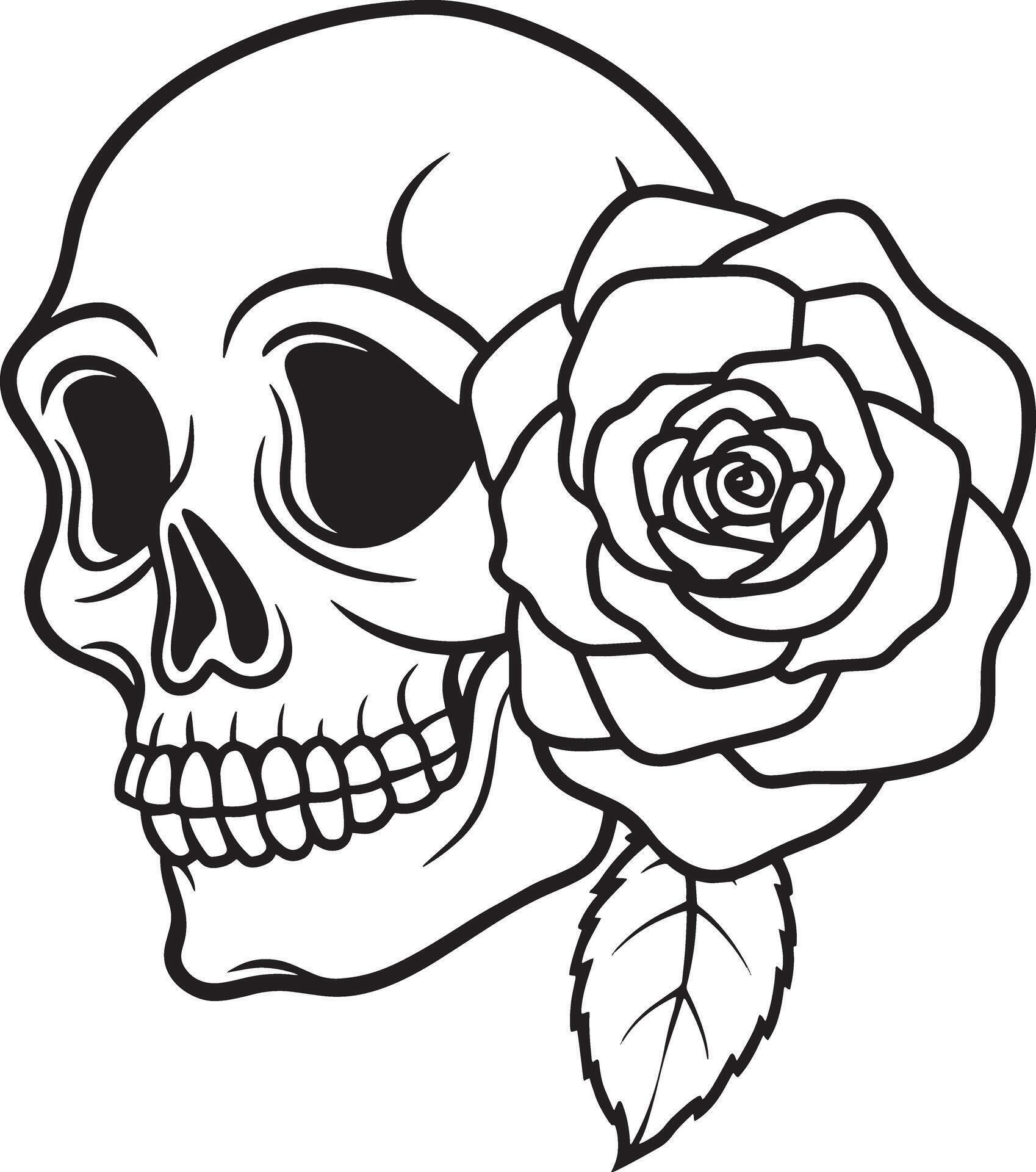 skull with rose flowers line art black and white illustration Stock Free