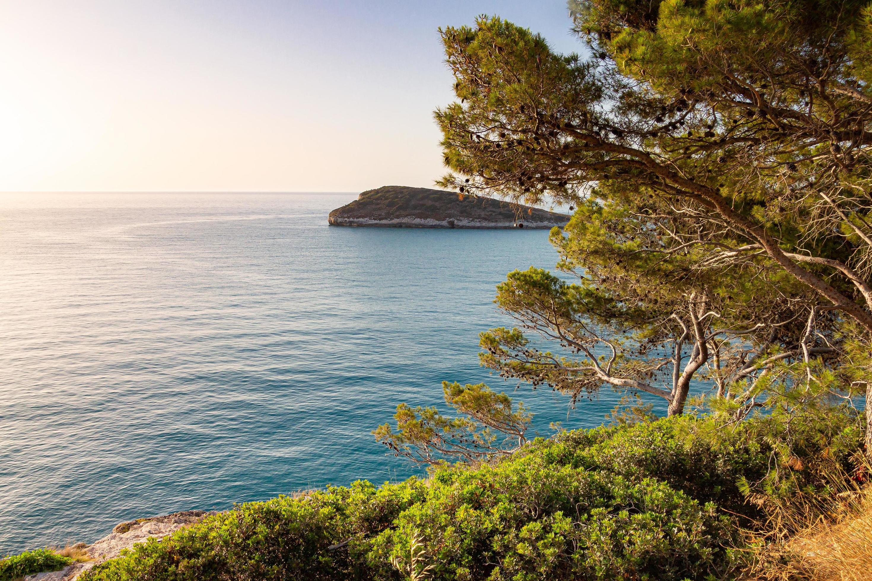 View to little island Campi seen from coastal road from Vieste to Mattinata at Gargano National Park, Apulia, Italy Stock Free