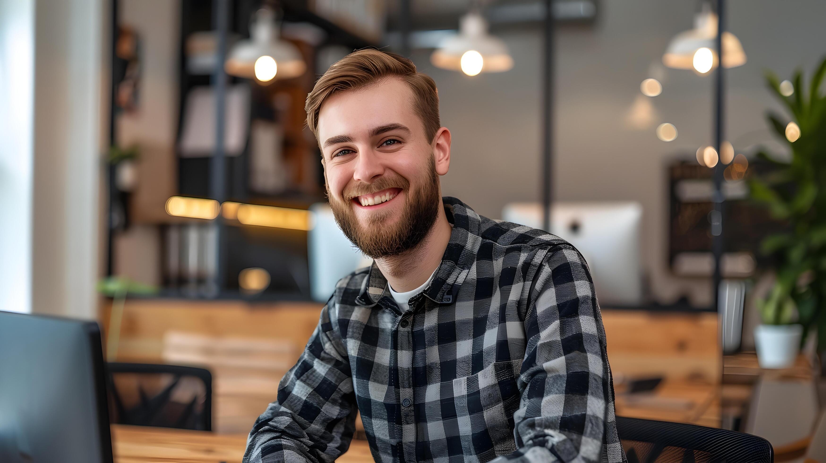 Cheerful Young Professional Enjoys Work in Stylish Office Environment Stock Free