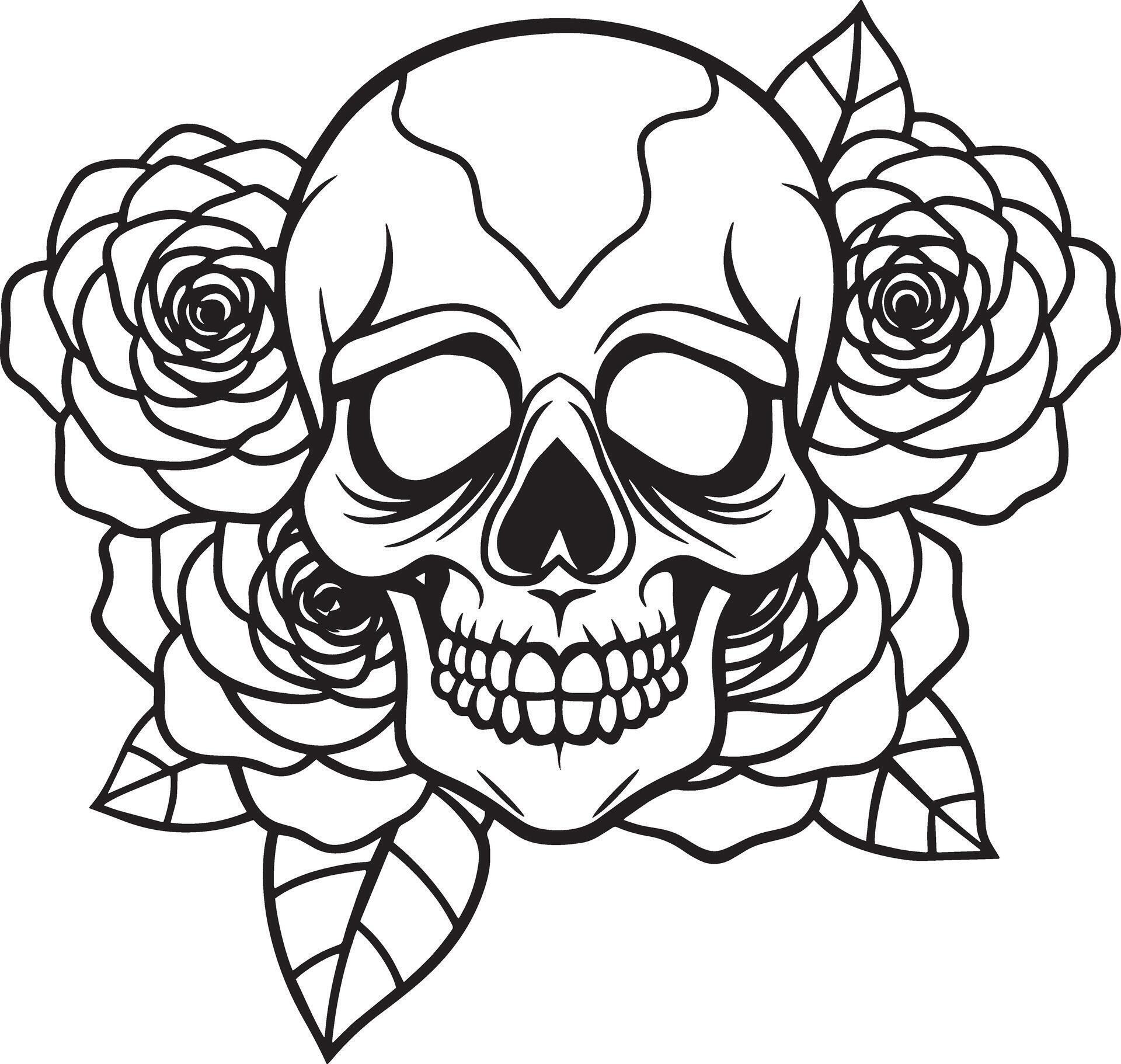 skull with rose flowers line art black and white illustration Stock Free