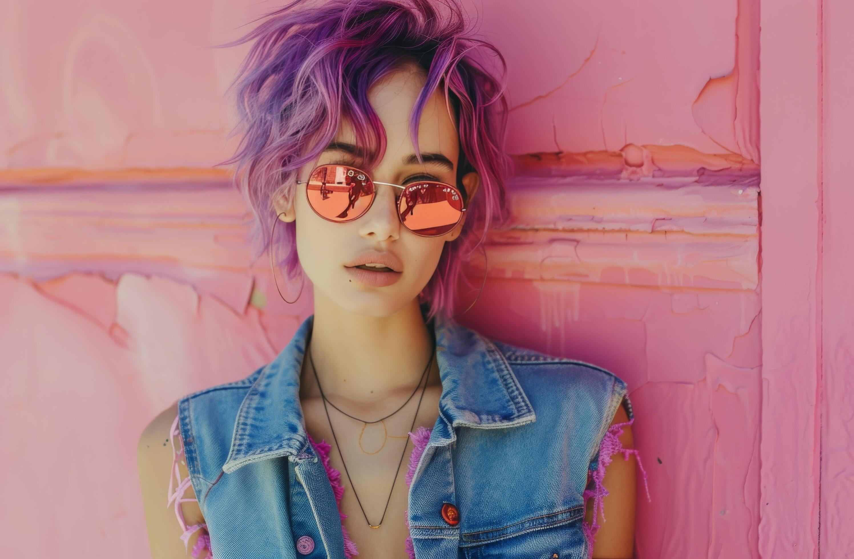 
									Young Woman With Purple Hair Wearing Sunglasses Against Pink Wall Stock Free