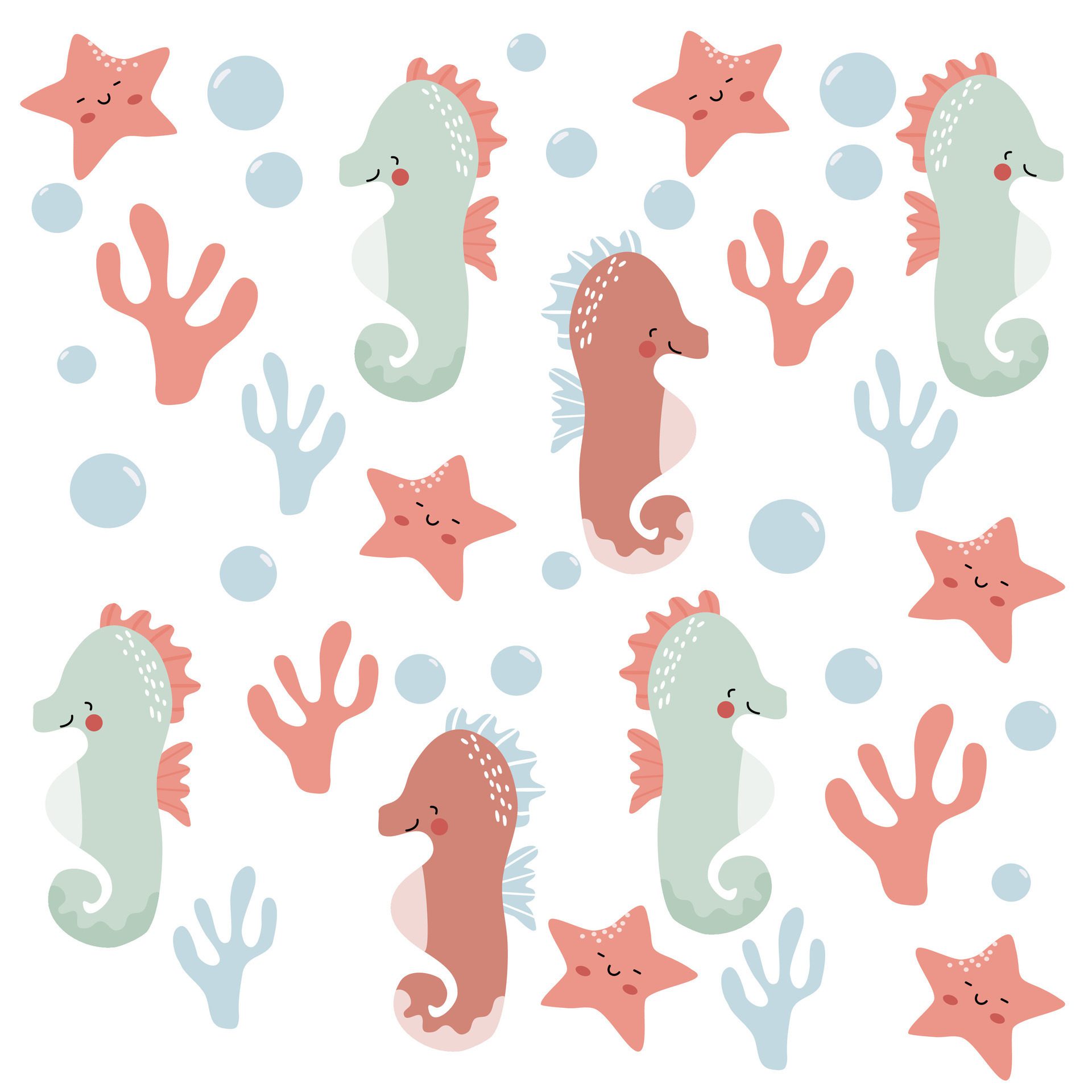 Cute underwater animal pattern. Cute pastel of starfish and seahorse. Underwater background. Pattern for Kids Free Vector