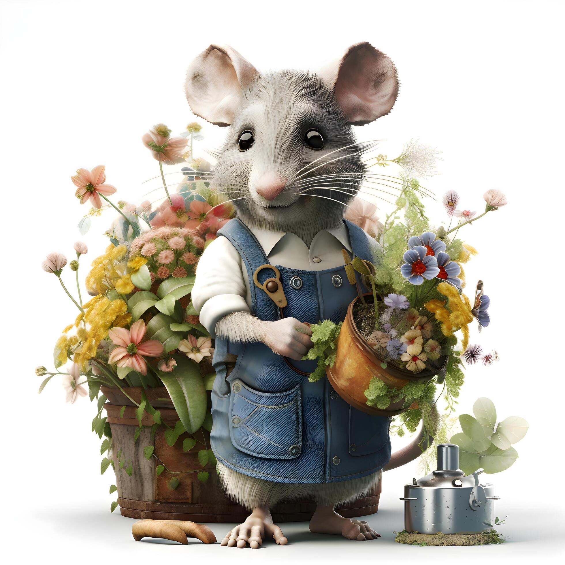 White mouse with a bouquet of flowers on a white background., Image Stock Free