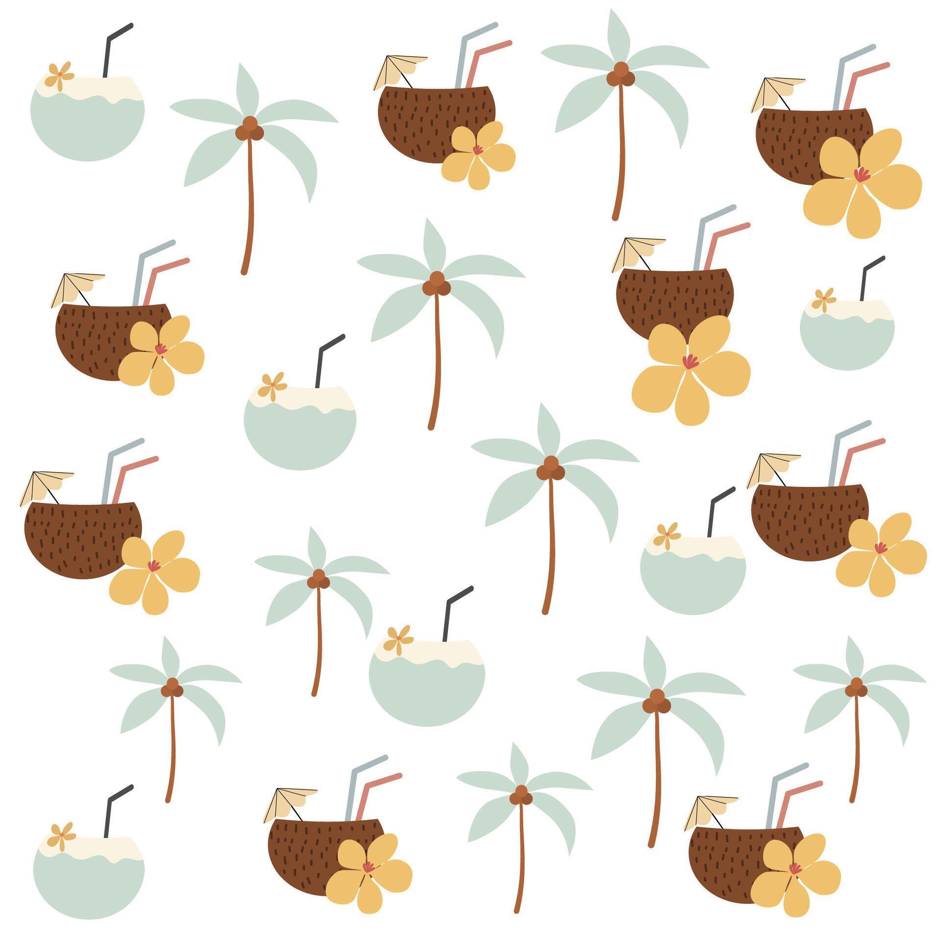 flowers, coconut and coconut tree pattern, tropical summer pattern on white background Stock Free