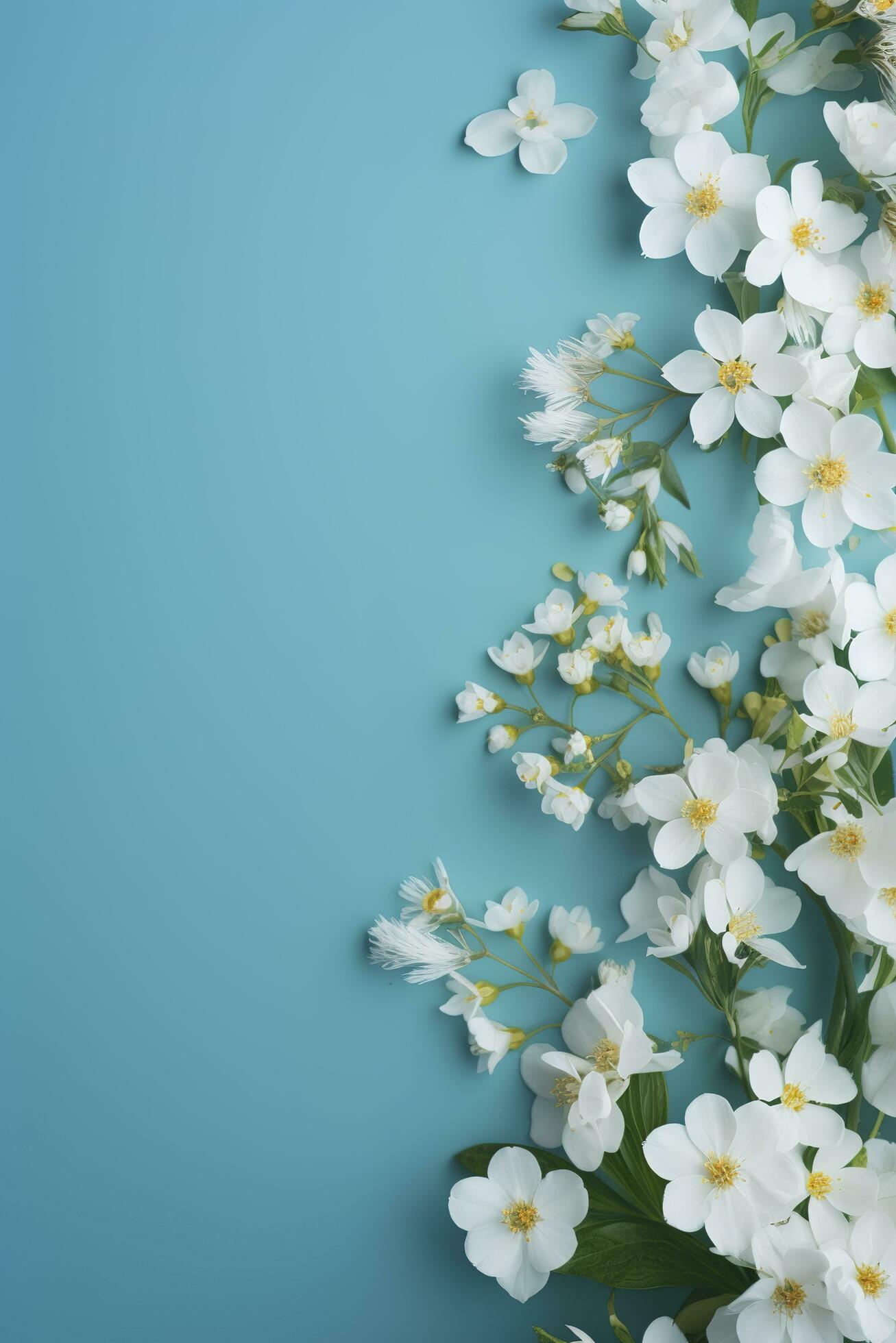 Beautiful spring border, blooming rose bush on a blue background. Flowering rose hips against the blue sky. Soft selective focus , generate ai Stock Free