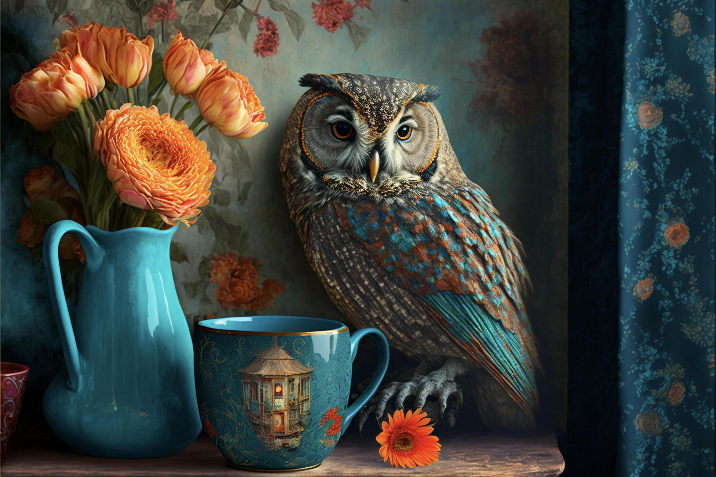 an owl sitting on a shelf next to a vase of flowers. . Stock Free