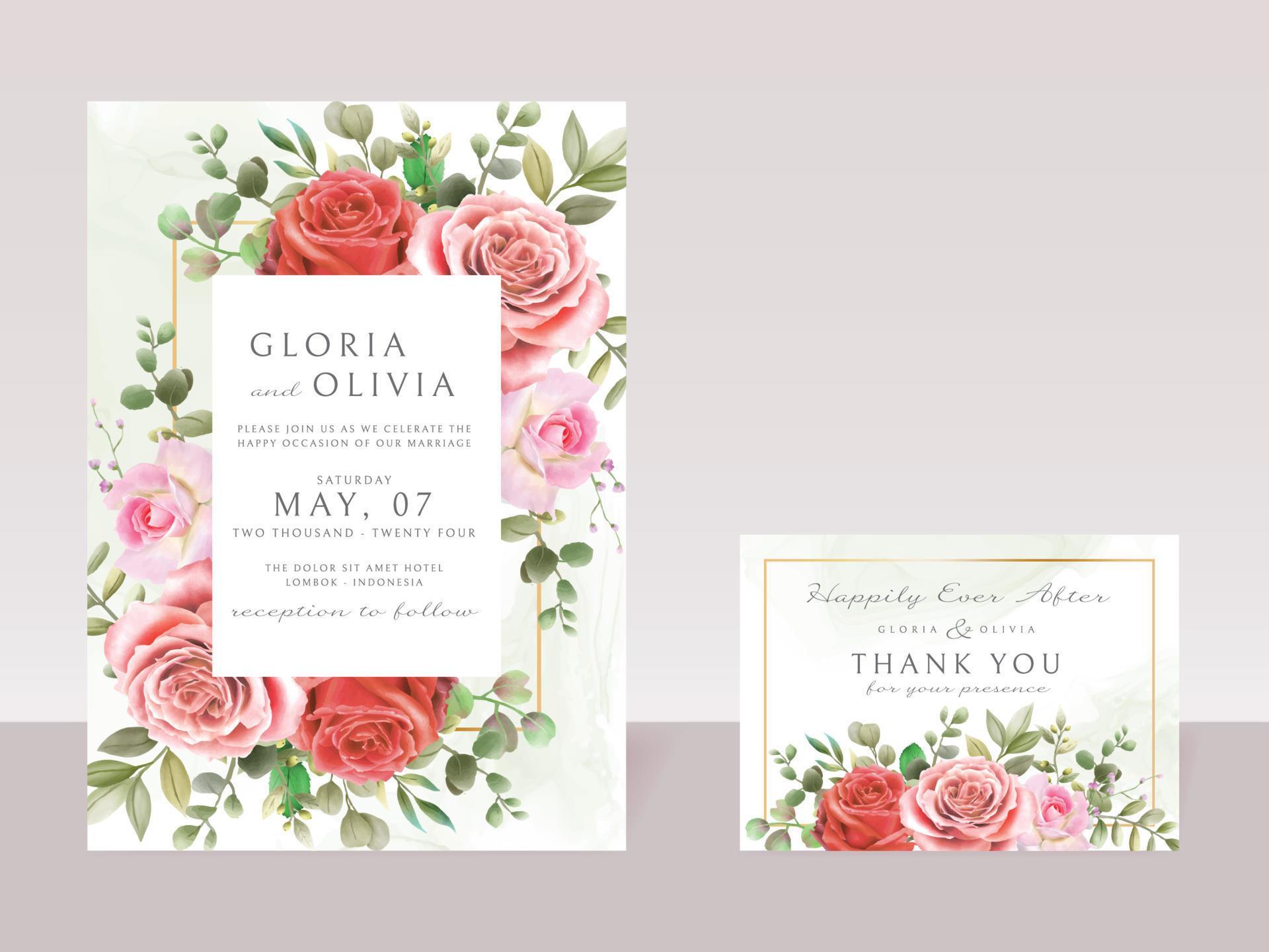 romantic red and pink flowers wedding invitations card template Stock Free