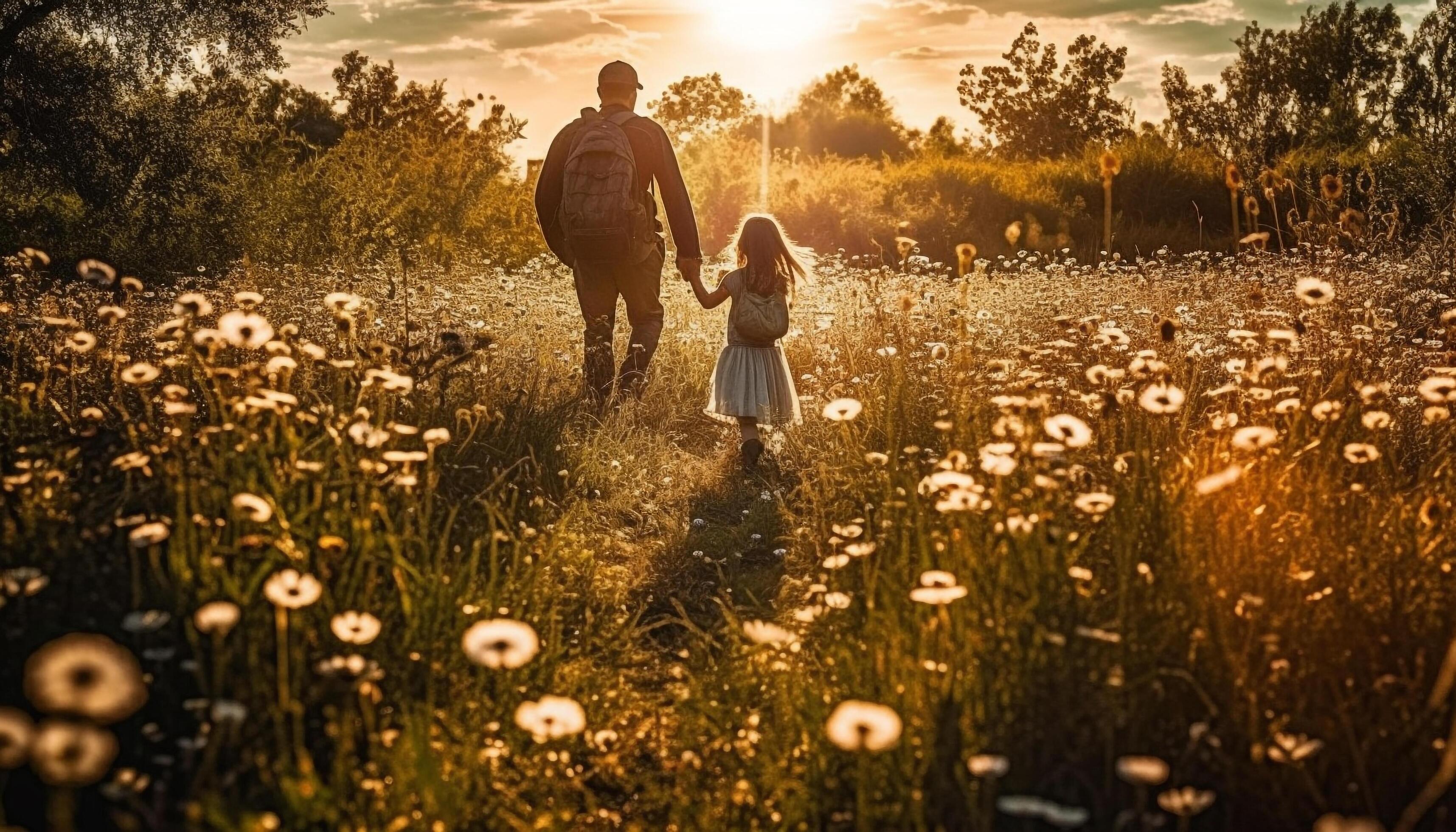 Family walks in meadow, enjoying summer sunset generated by AI Stock Free