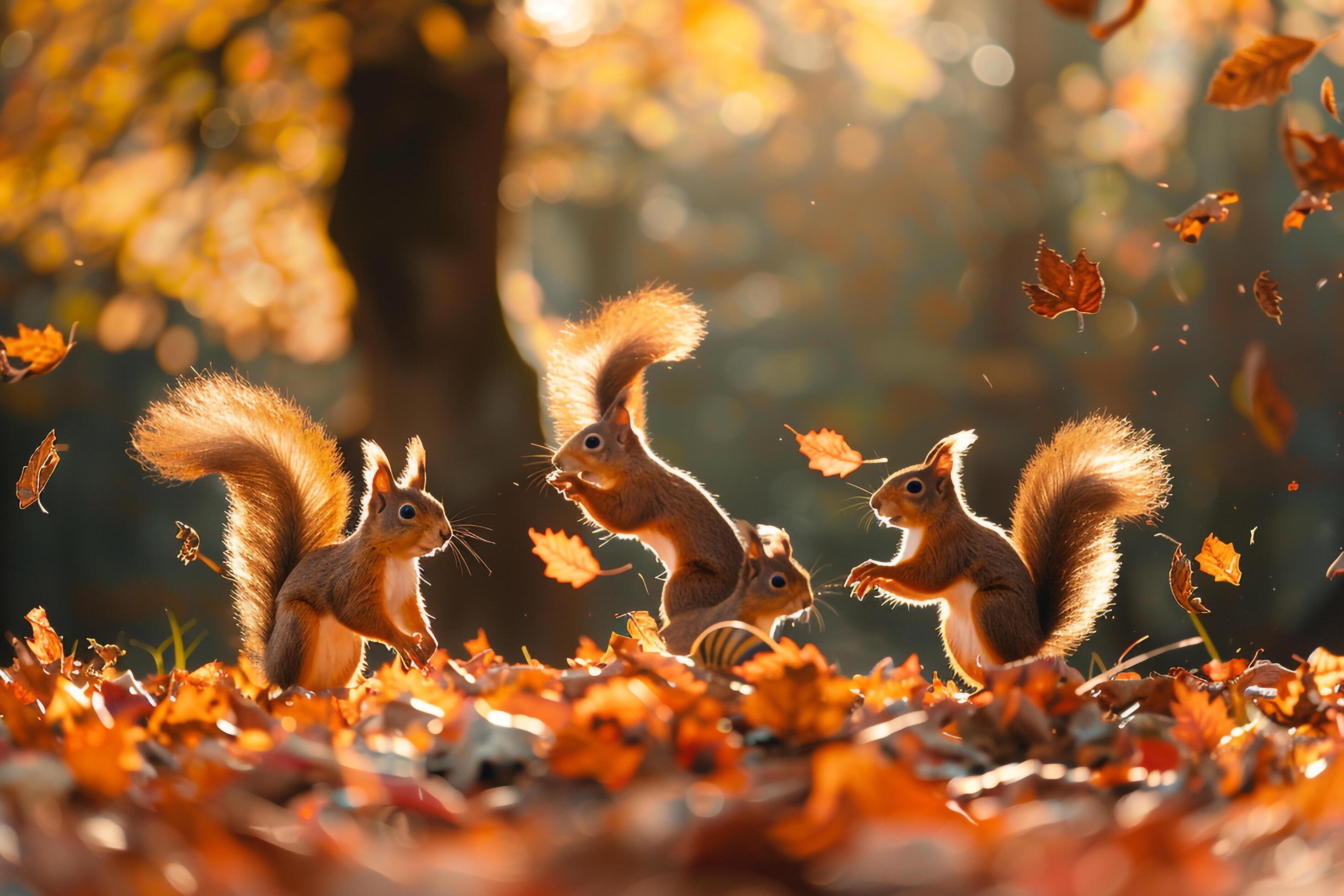 Family of Squirrels Playfully Chasing Each Other Among Sun Dappled Autumn Leaves Nature Background Stock Free