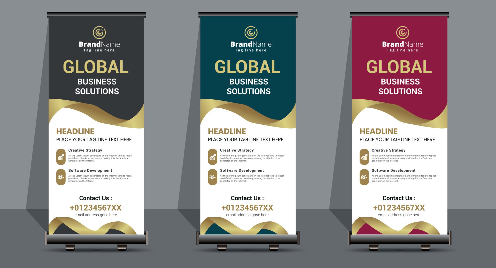 Creative Business Roll Up Signage Banner Template Design. Free Vector