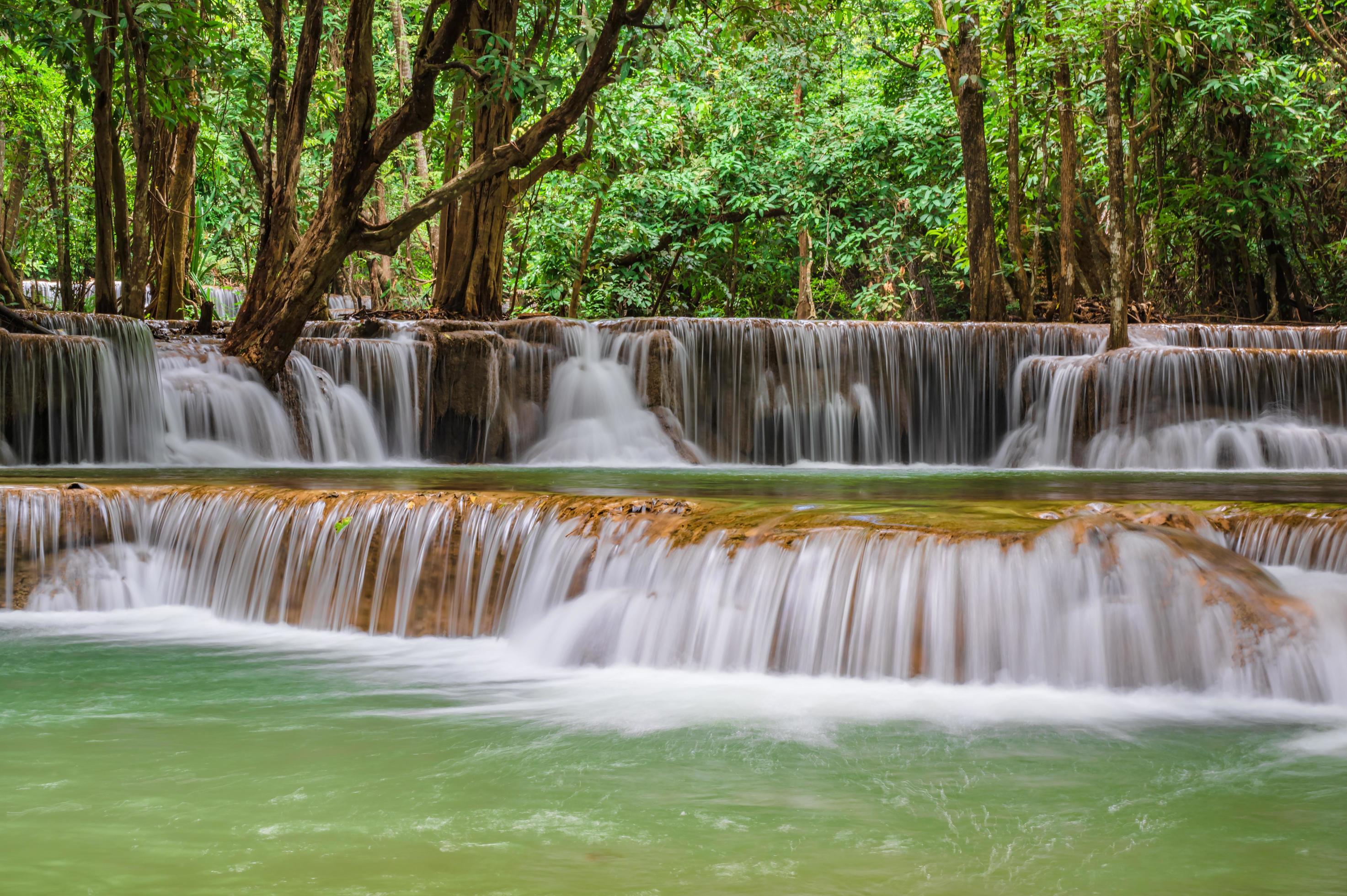 Landscape of Huai mae khamin waterfall Srinakarin national park at Kanchanaburi thailand.Huai mae khamin waterfall Second floor Man Kamin Stock Free