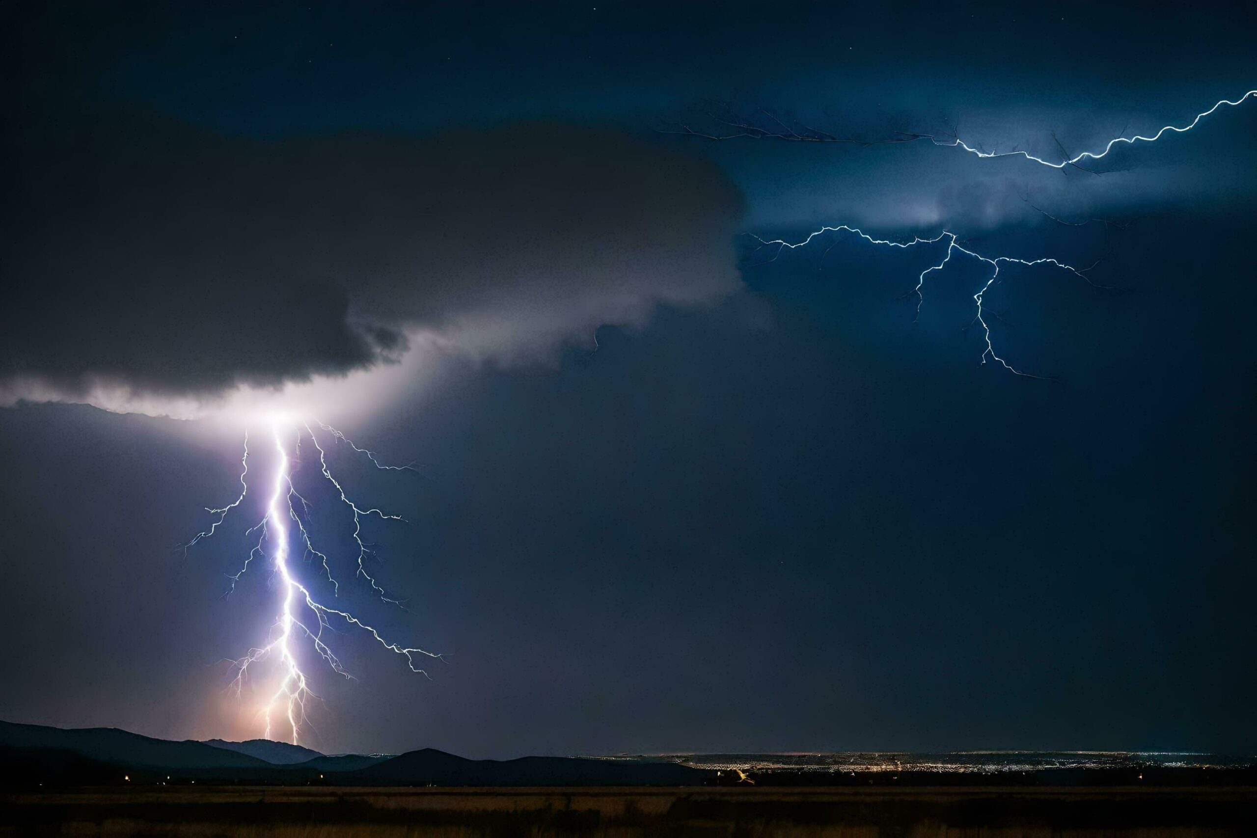 lightning strikes over the mountains in the background Free Photo