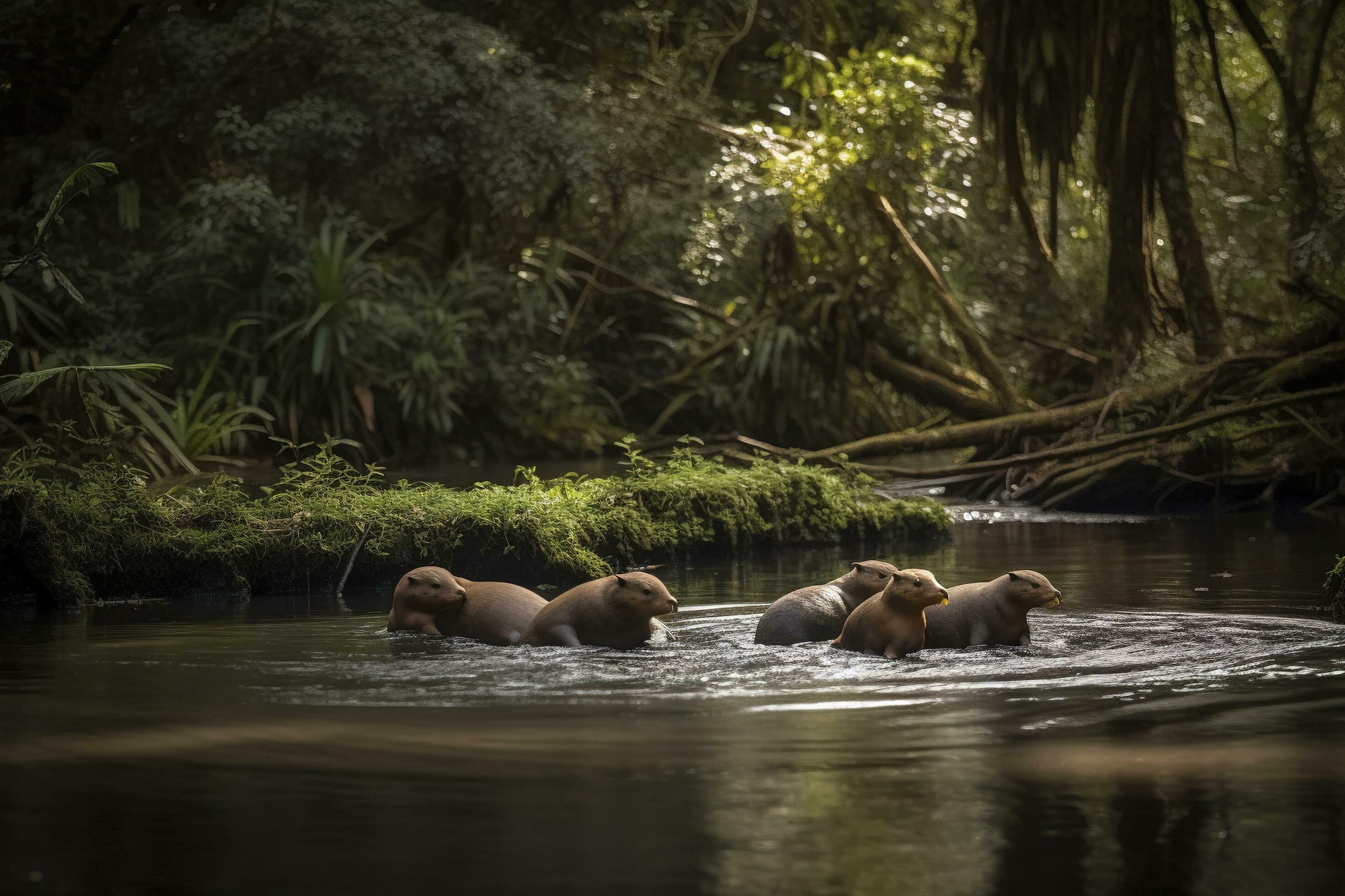 A family of platypuses swimming in a river surrounded by a dense forest, generate ai Stock Free